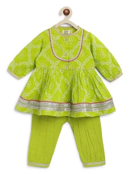 Baby Girl Bandhani Cotton Angrakha Suit Set - Green