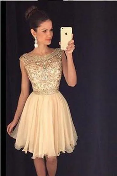 Beaded Homecoming dress Short Chiffon Cute Sleeveless Tulle Prom Dress