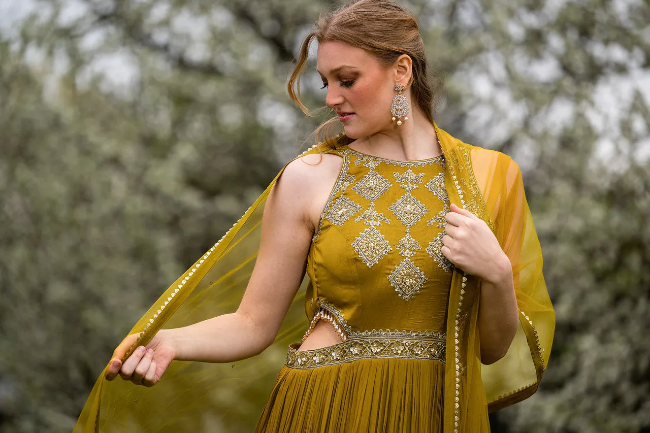 Beautiful Lemon Green Colored Anarkali Set - Rent