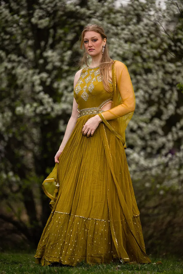 Beautiful Lemon Green Colored Anarkali Set - Rent