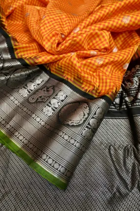 Black and Orange Color Gadwal Silk Saree with Allover Checks