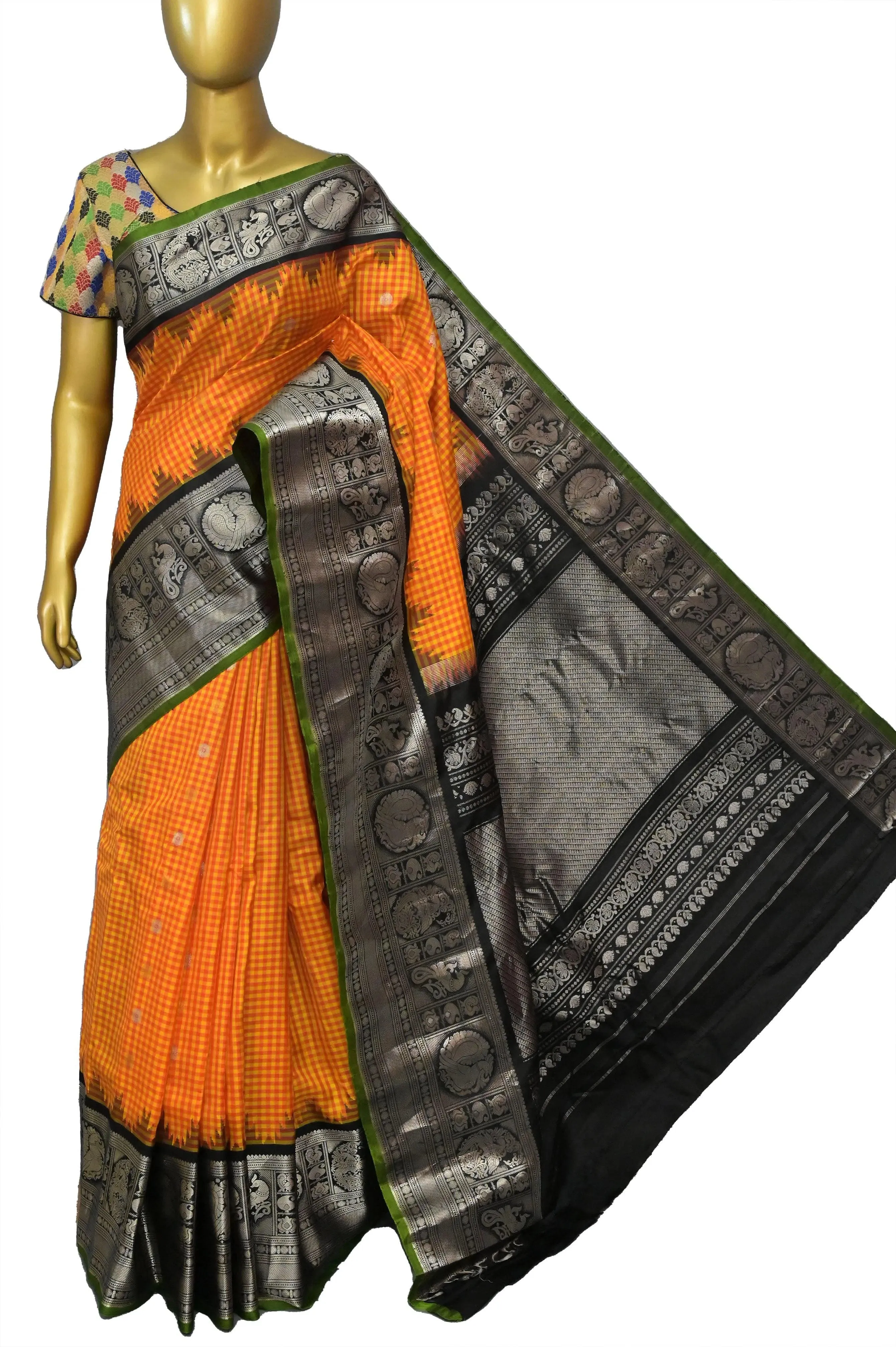 Black and Orange Color Gadwal Silk Saree with Allover Checks