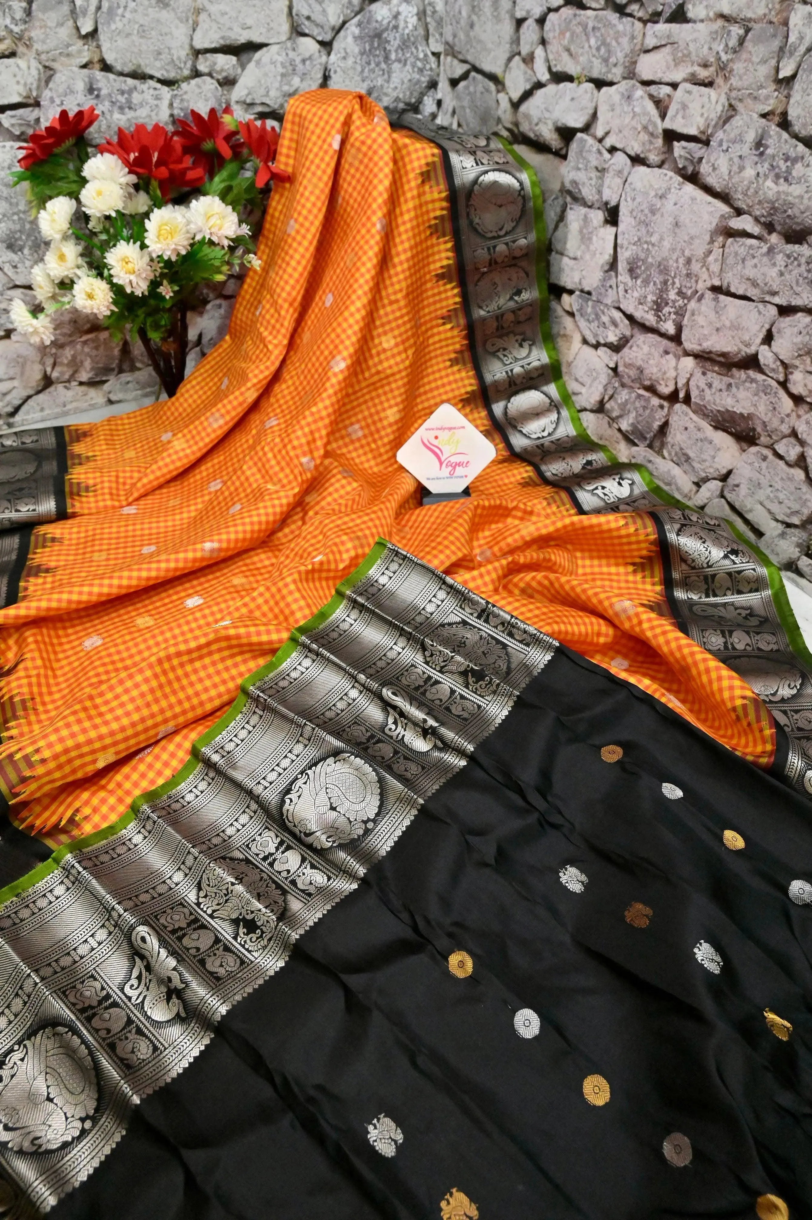 Black and Orange Color Gadwal Silk Saree with Allover Checks