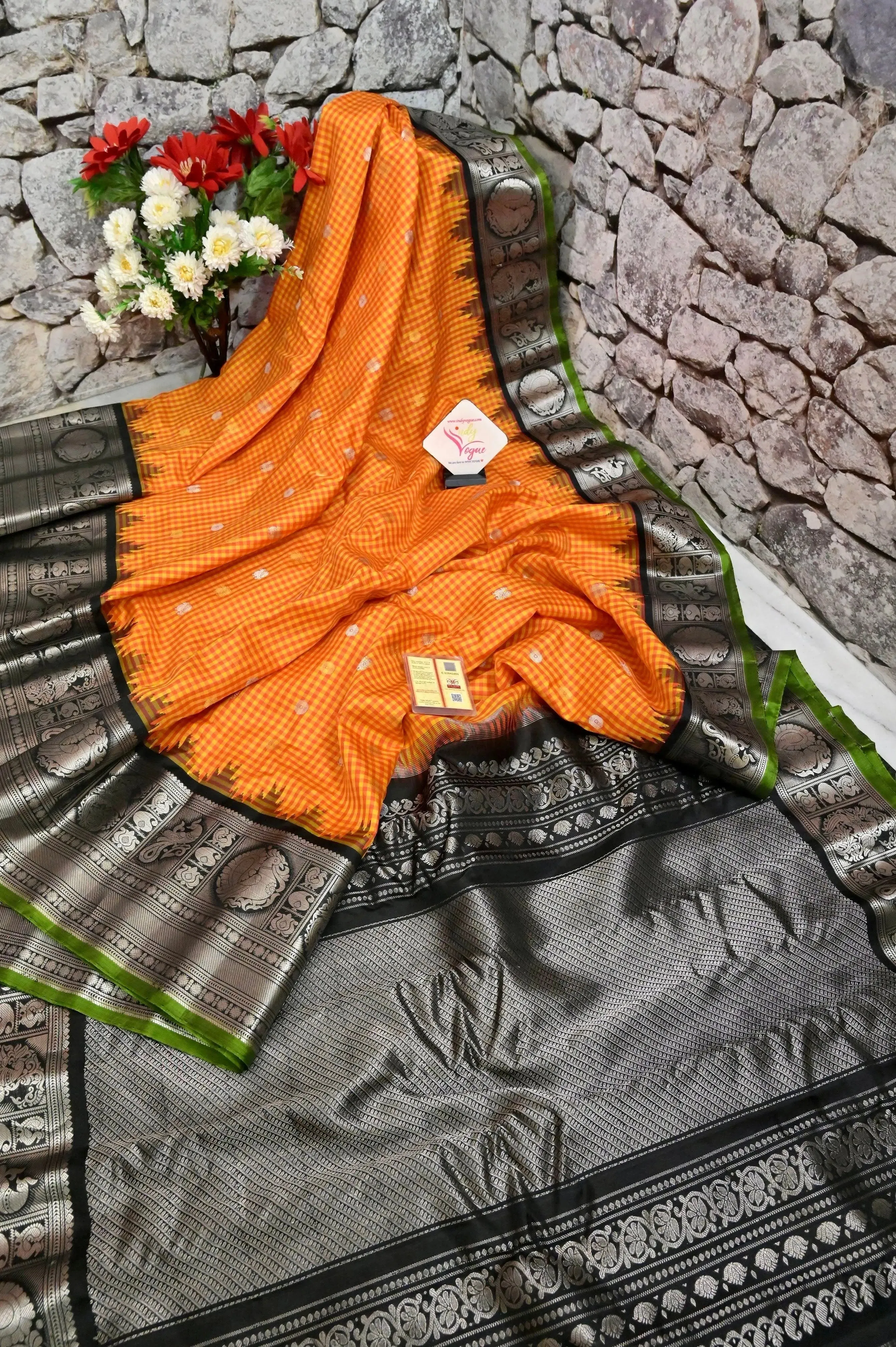 Black and Orange Color Gadwal Silk Saree with Allover Checks