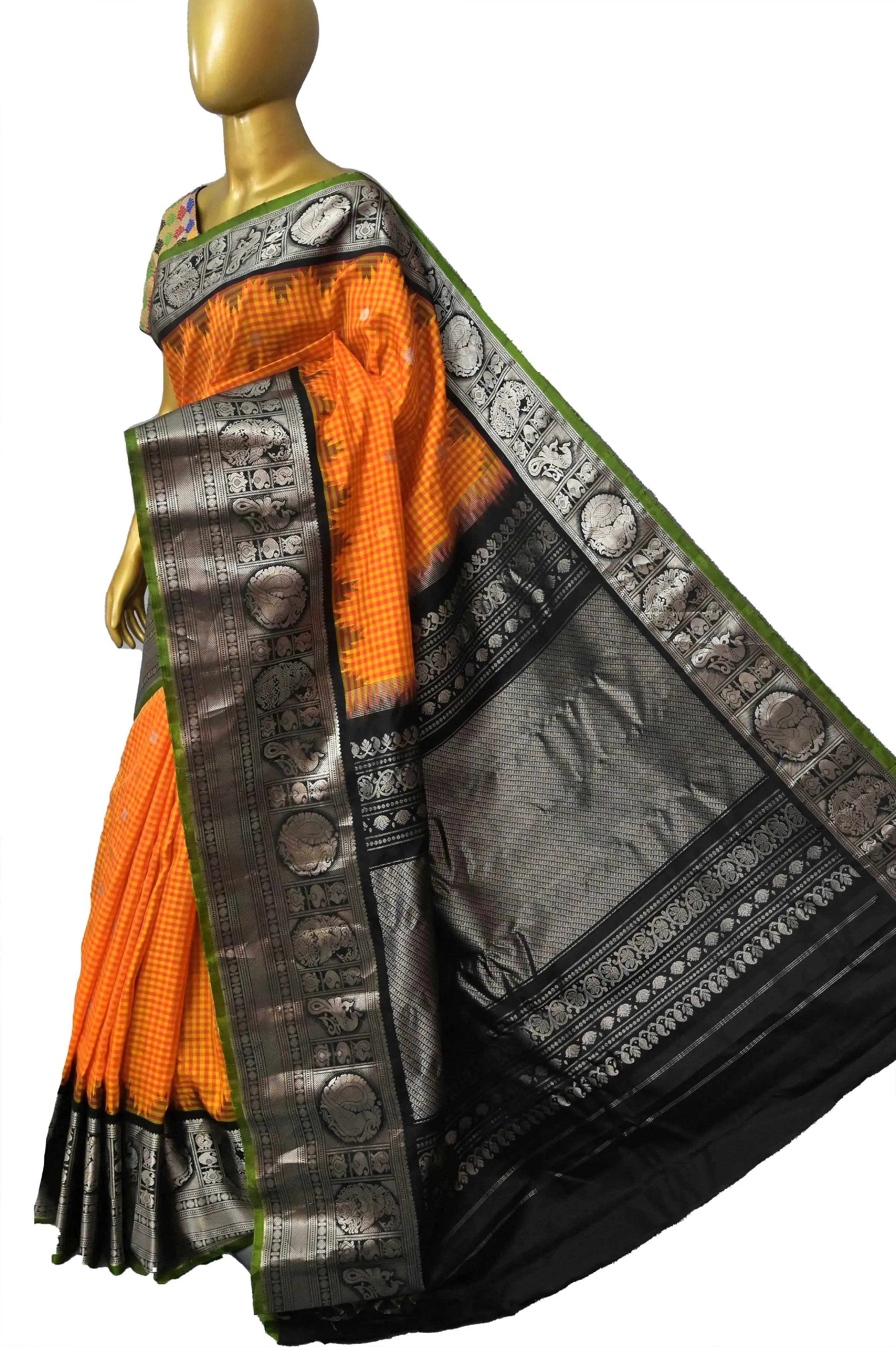 Black and Orange Color Gadwal Silk Saree with Allover Checks