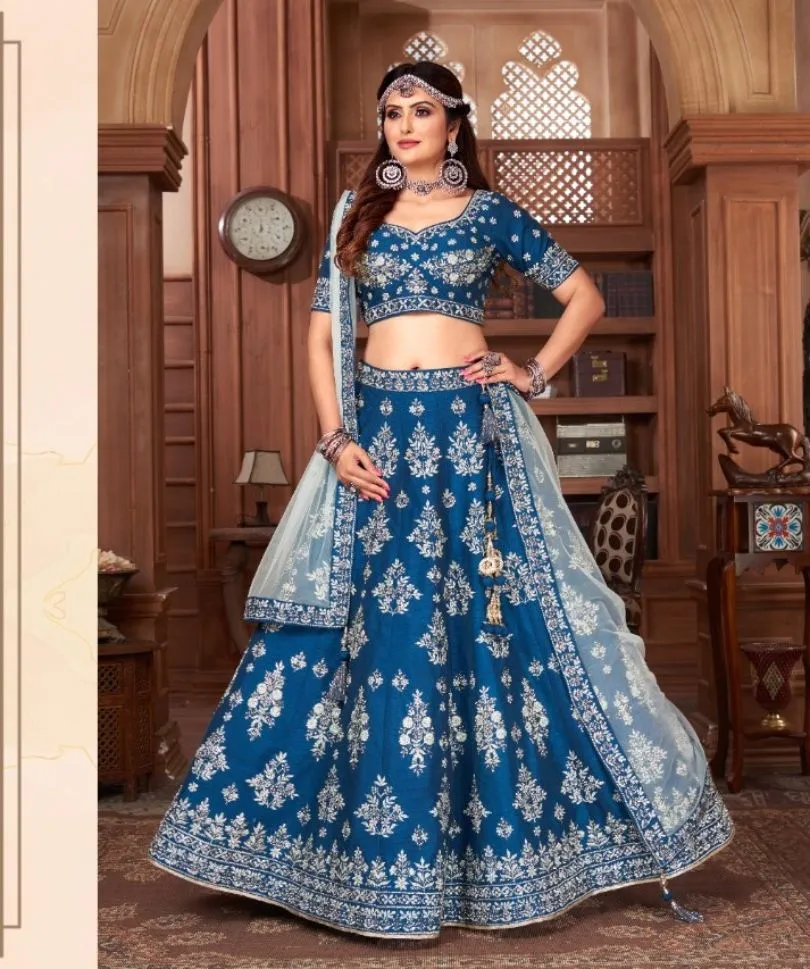 Blue Color Embroidery Art Silk Wedding Wear Lehenga Choli - Rent