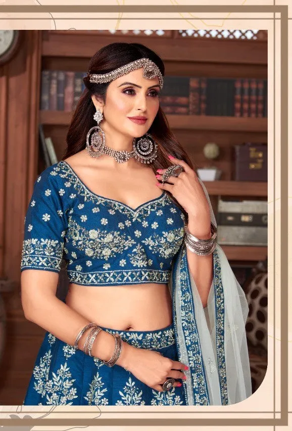 Blue Color Embroidery Art Silk Wedding Wear Lehenga Choli - Rent