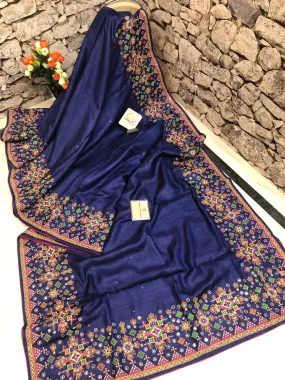 Blue Color Pure Gachi Tussar with Embroidery and Sequin Work