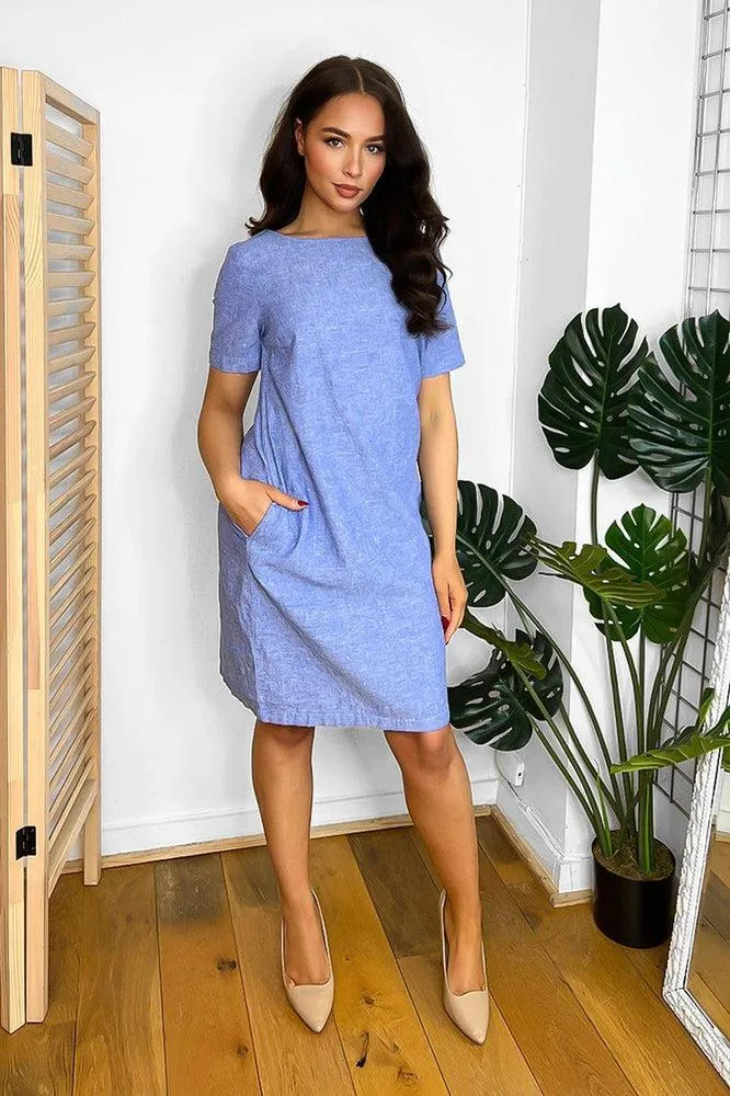 Blue Linen Blend V-Back Dress