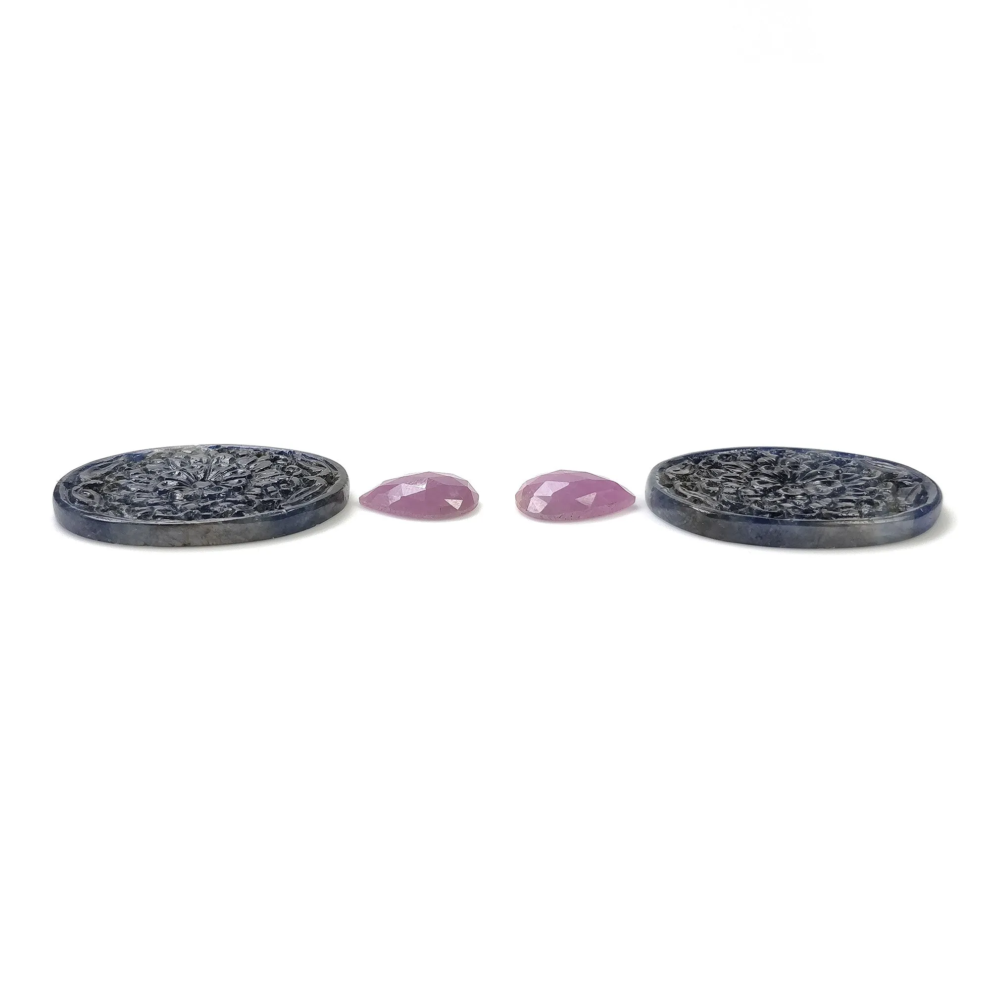 BLUE PINK SAPPHIRE Gemstone Carving: 82.62cts Natural Sapphire Hand Carved & Rose Cut Pear Oval Shapes 14*10mm - 33.5*25mm 4pcs (With Video)