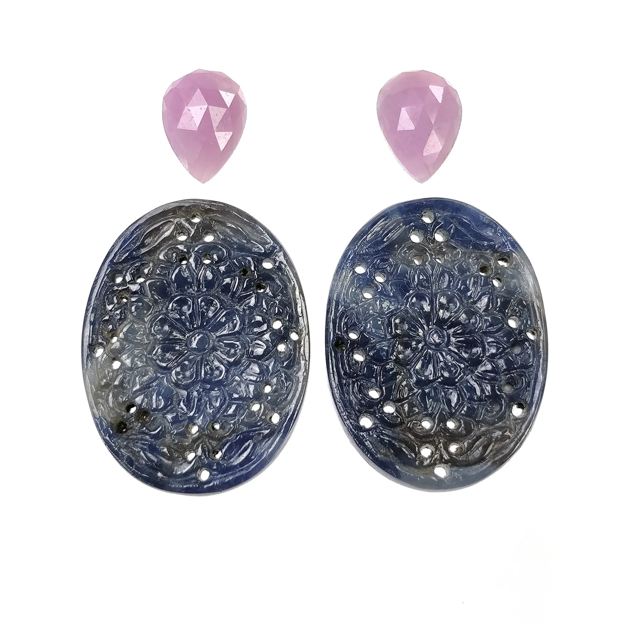 BLUE PINK SAPPHIRE Gemstone Carving: 82.62cts Natural Sapphire Hand Carved & Rose Cut Pear Oval Shapes 14*10mm - 33.5*25mm 4pcs (With Video)