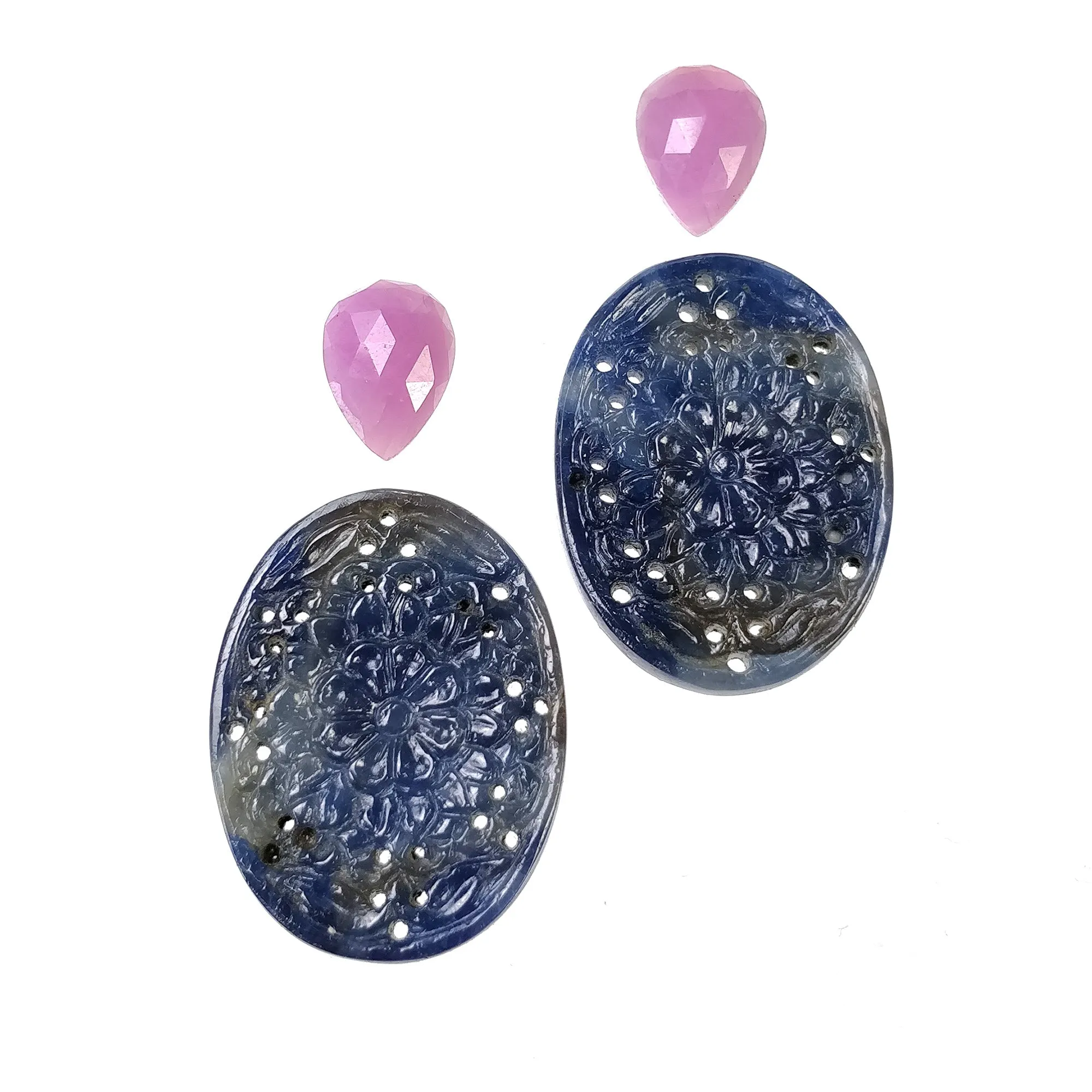 BLUE PINK SAPPHIRE Gemstone Carving: 82.62cts Natural Sapphire Hand Carved & Rose Cut Pear Oval Shapes 14*10mm - 33.5*25mm 4pcs (With Video)