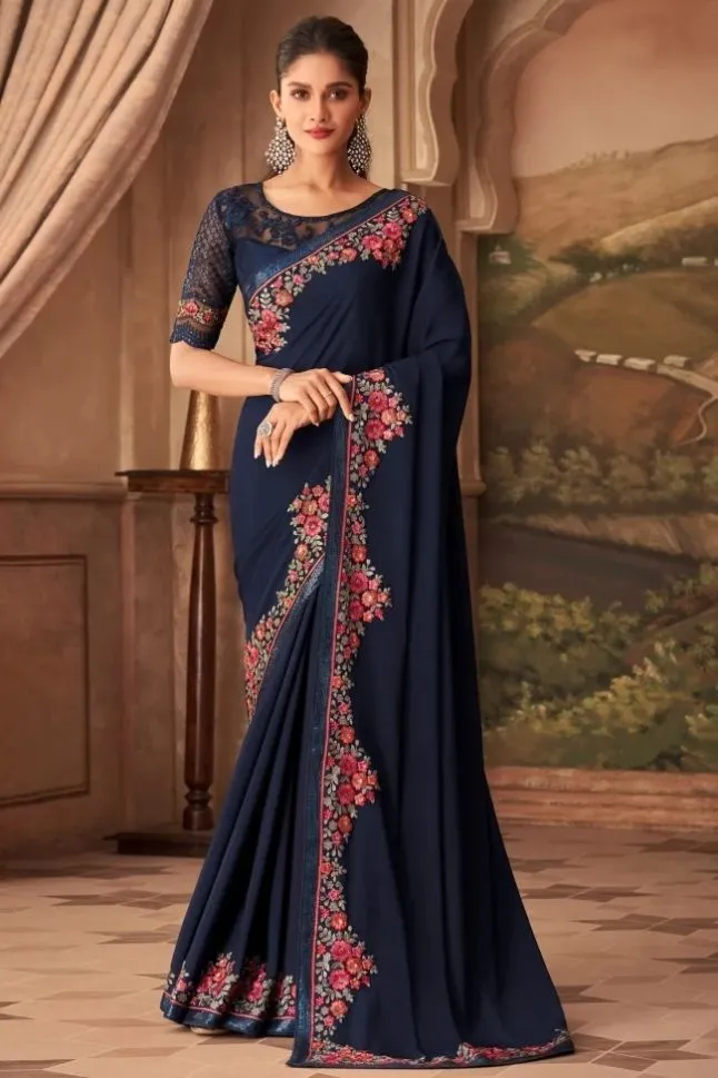 Blue Silk Patch Border Designer Saree - Rent