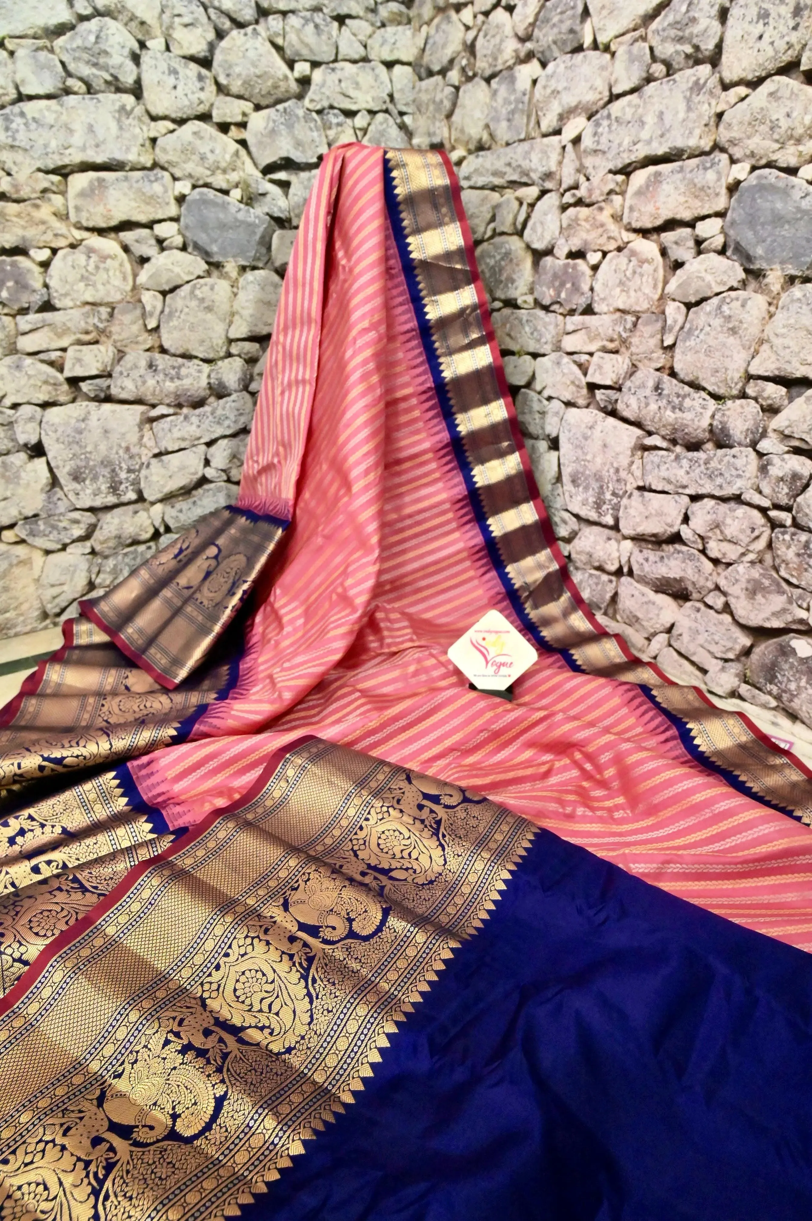 Blush Pink and Navy Blue Color Pure Gadwal Silk Saree with Allover Water Zari Work