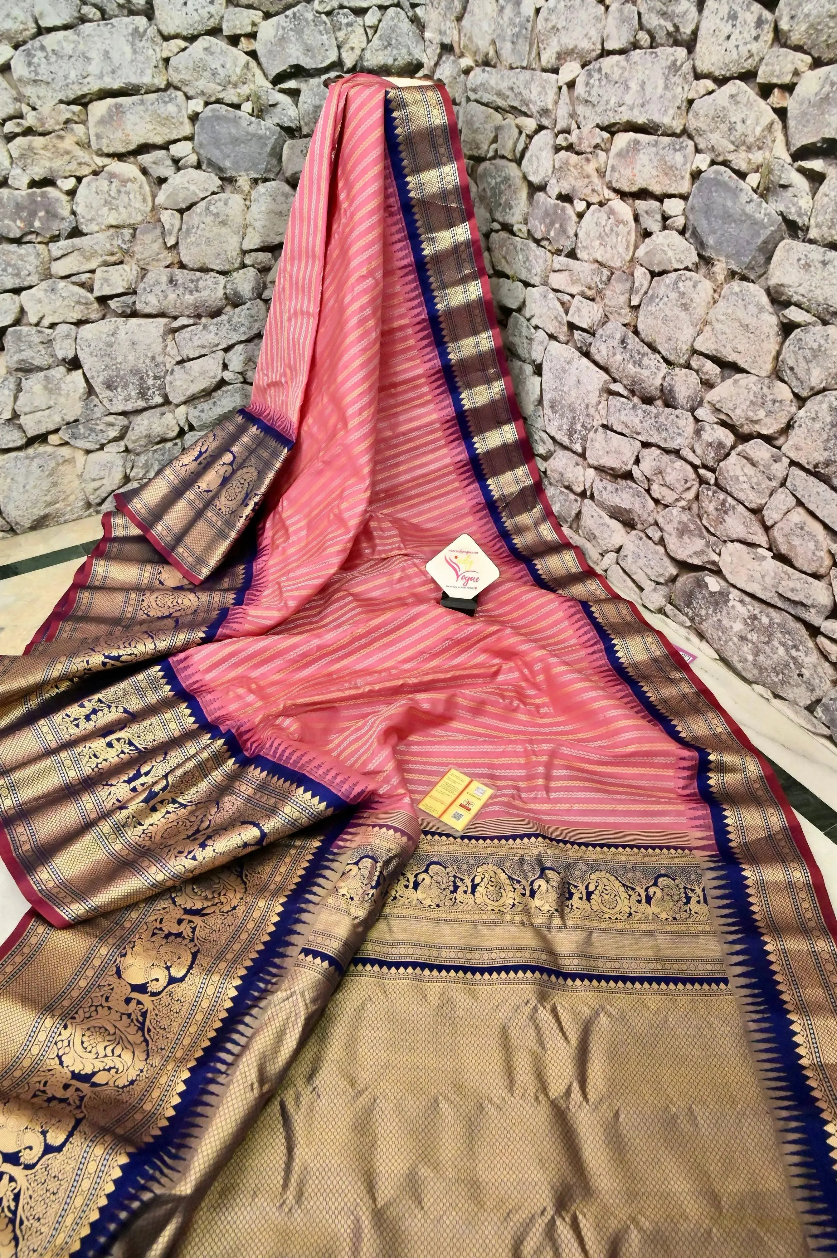 Blush Pink and Navy Blue Color Pure Gadwal Silk Saree with Allover Water Zari Work