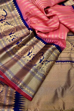 Blush Pink and Navy Blue Color Pure Gadwal Silk Saree with Allover Water Zari Work