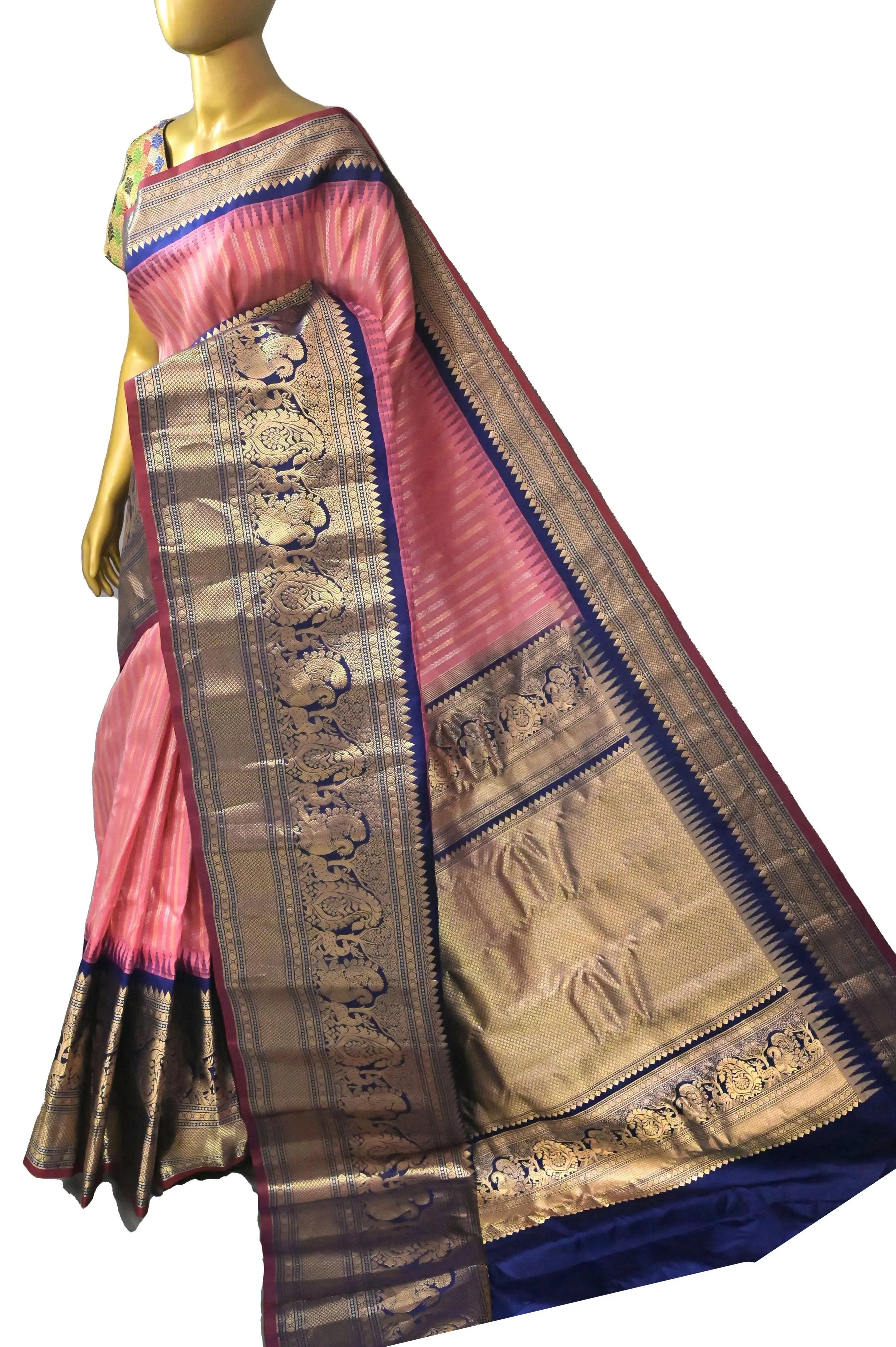 Blush Pink and Navy Blue Color Pure Gadwal Silk Saree with Allover Water Zari Work