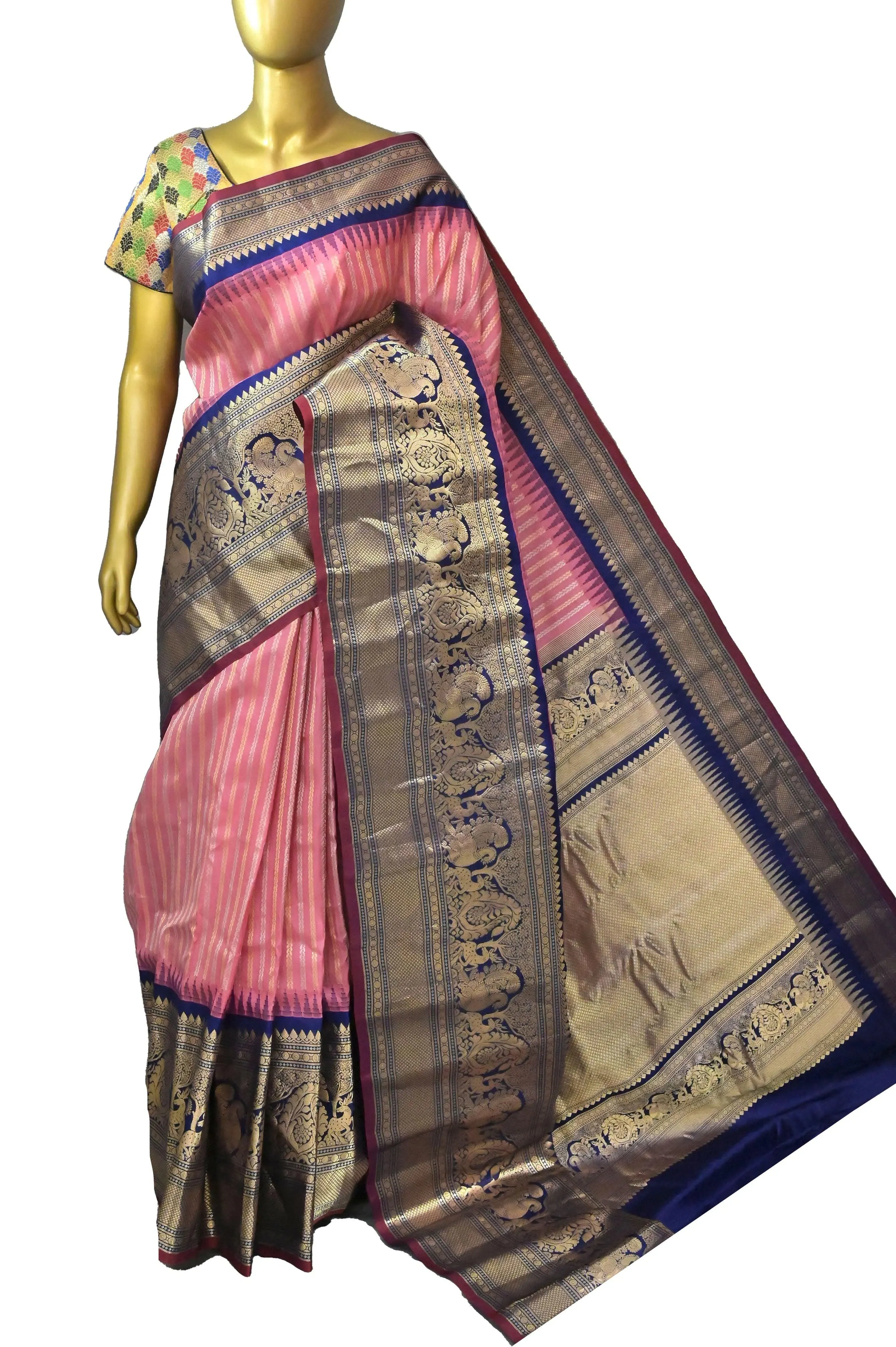 Blush Pink and Navy Blue Color Pure Gadwal Silk Saree with Allover Water Zari Work