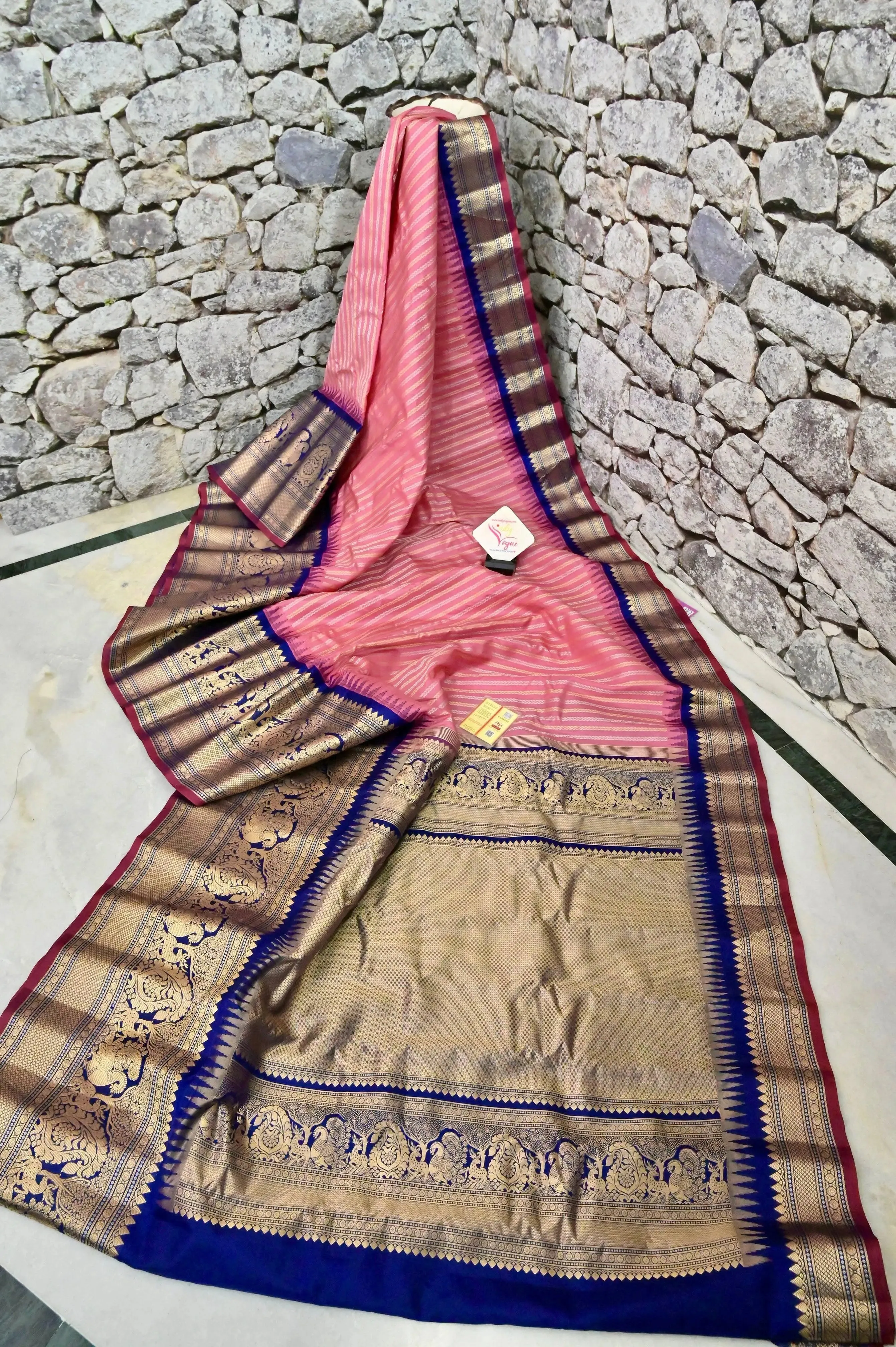 Blush Pink and Navy Blue Color Pure Gadwal Silk Saree with Allover Water Zari Work