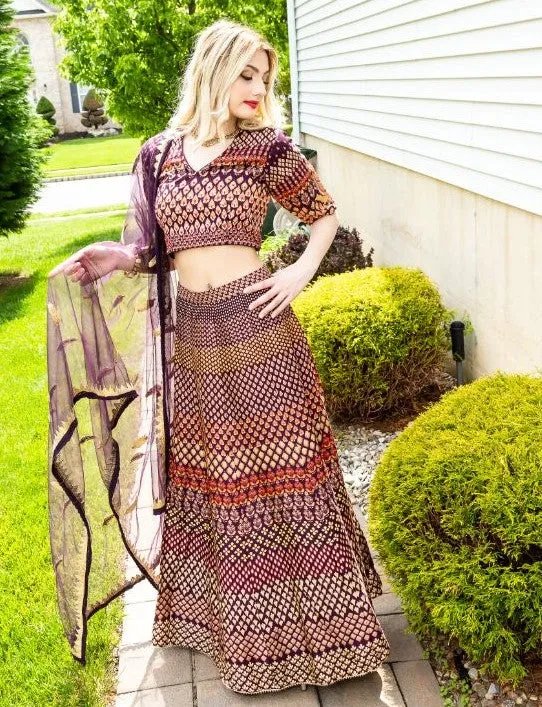 Brown Color Thread Embroidery Silk Lehenga - Clearance