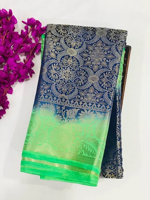 Charming Blue Color Banarasi Soft Silk Flower Motifs Saree With Brocade Blouse