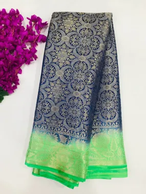 Charming Blue Color Banarasi Soft Silk Flower Motifs Saree With Brocade Blouse