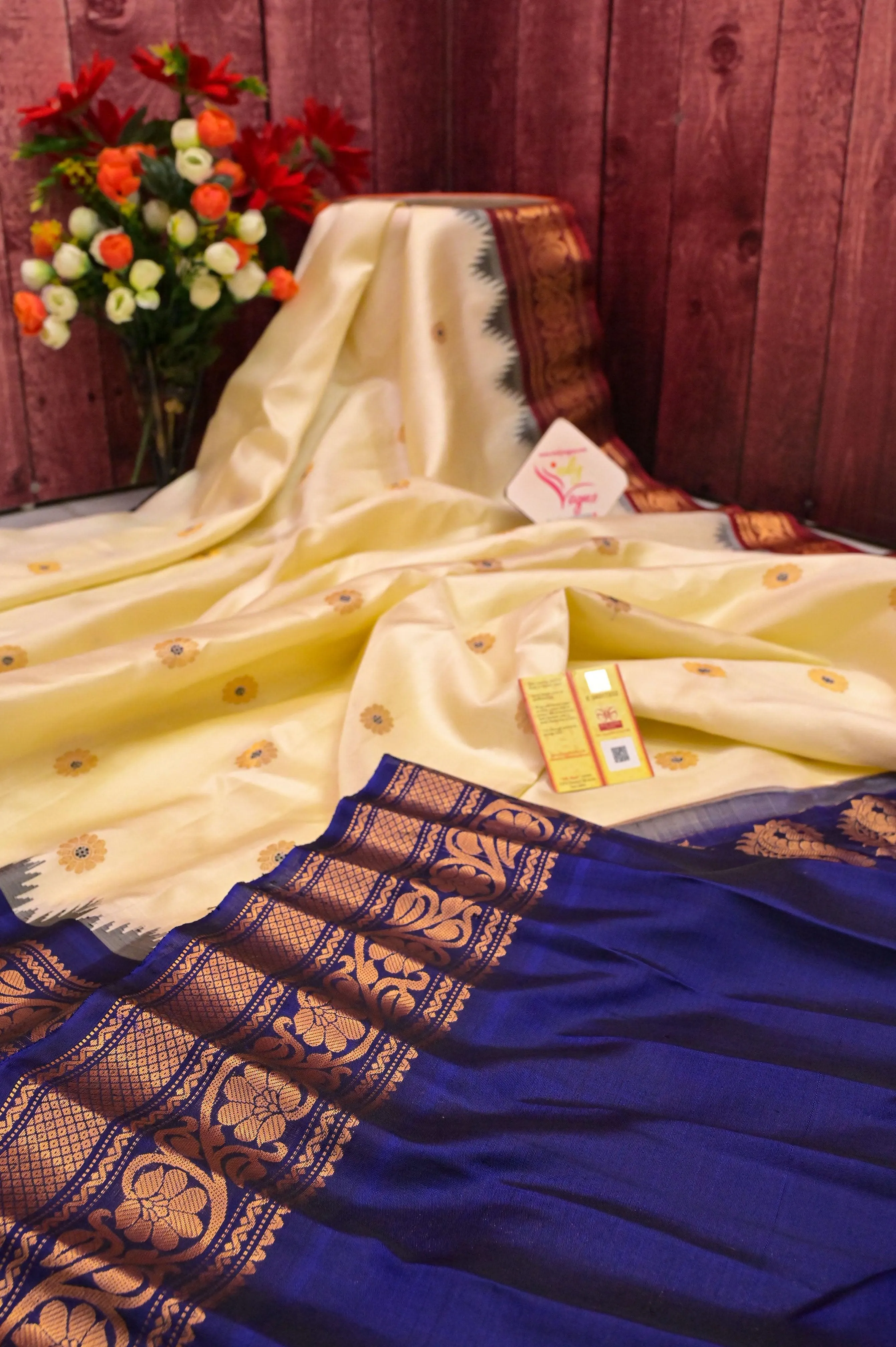 Cream Color Pure Gadwal Silk Saree with Meenakari Buti Work & Ganga Jamuna Border