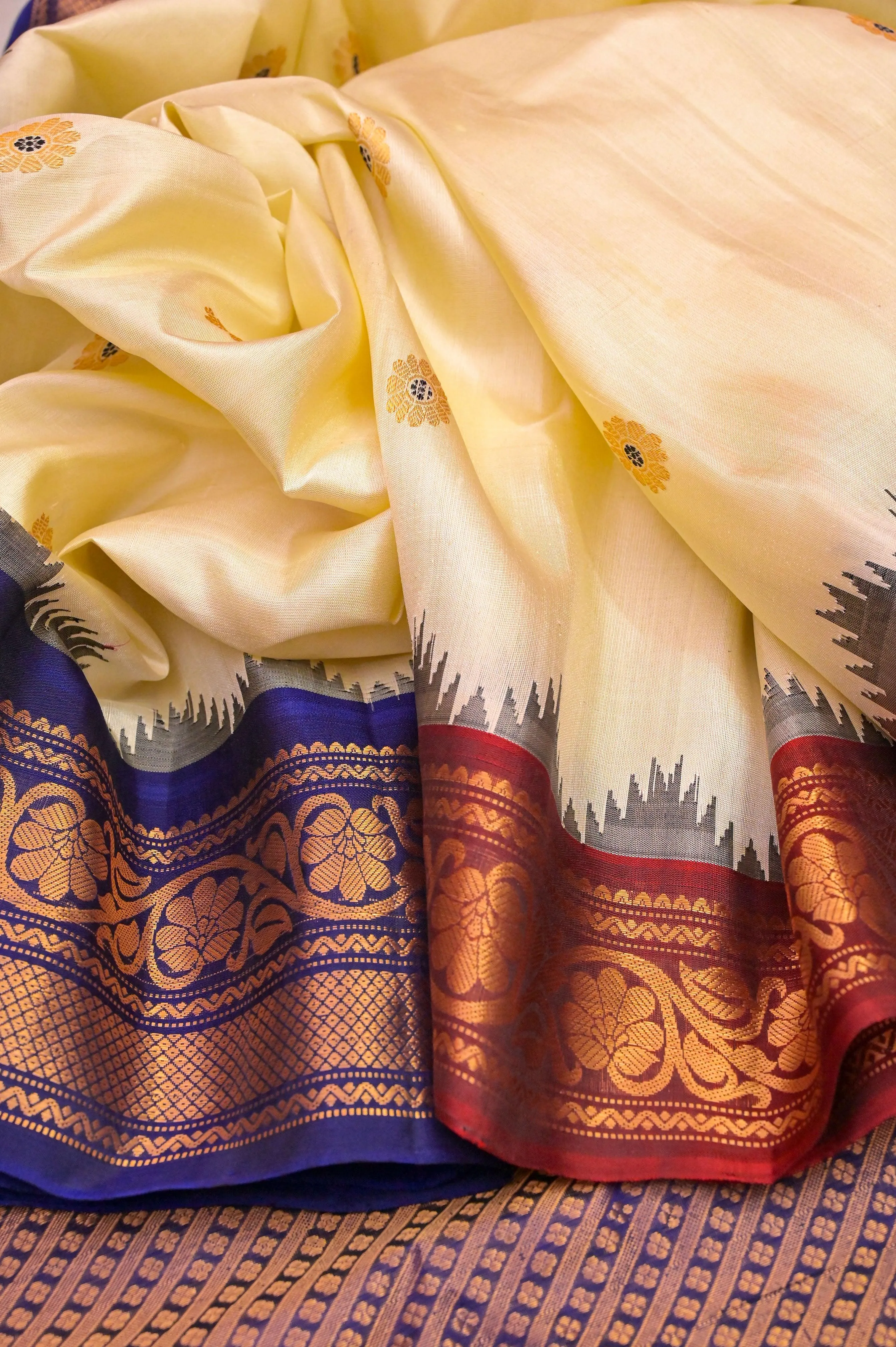 Cream Color Pure Gadwal Silk Saree with Meenakari Buti Work & Ganga Jamuna Border