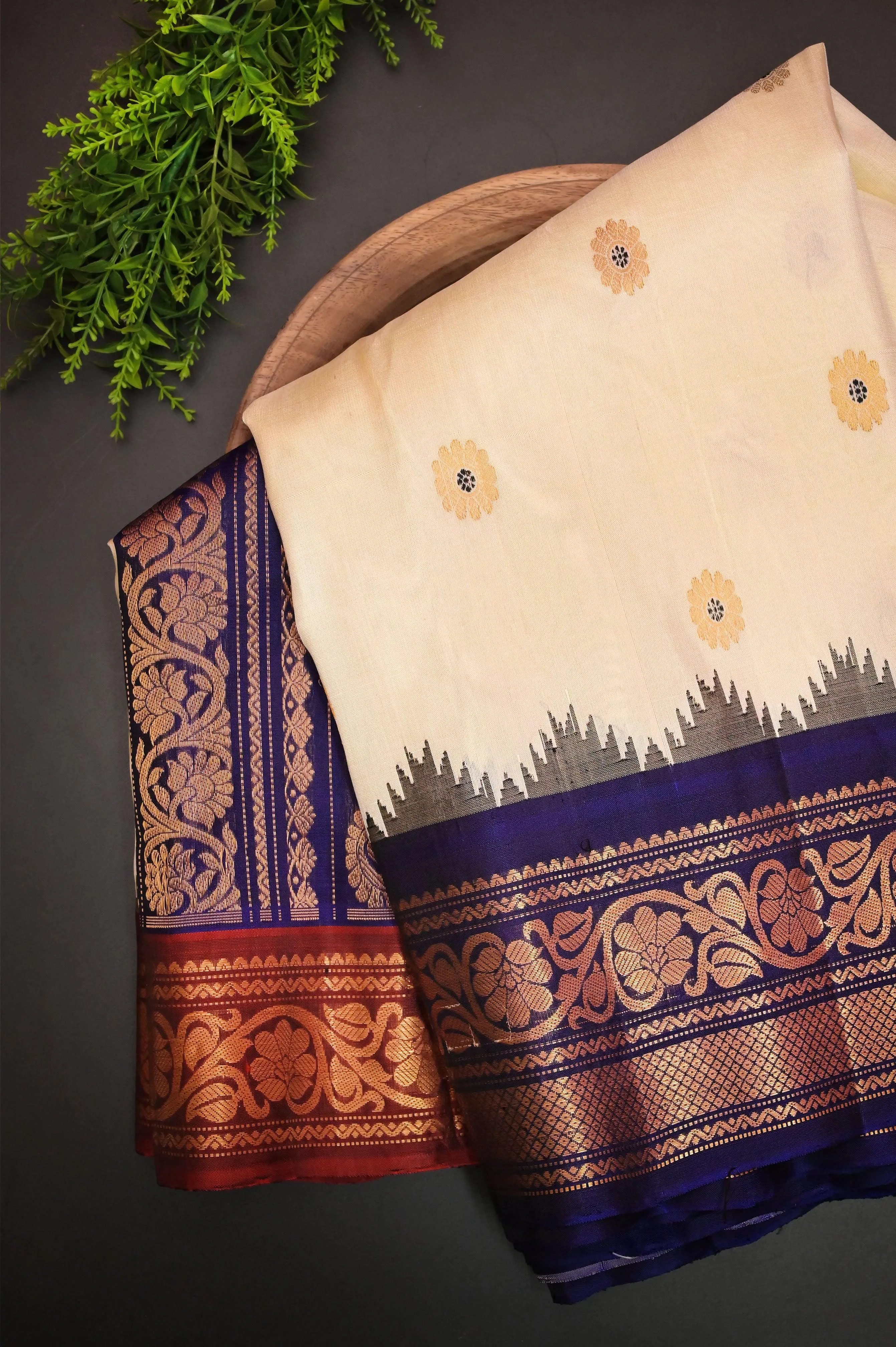 Cream Color Pure Gadwal Silk Saree with Meenakari Buti Work & Ganga Jamuna Border