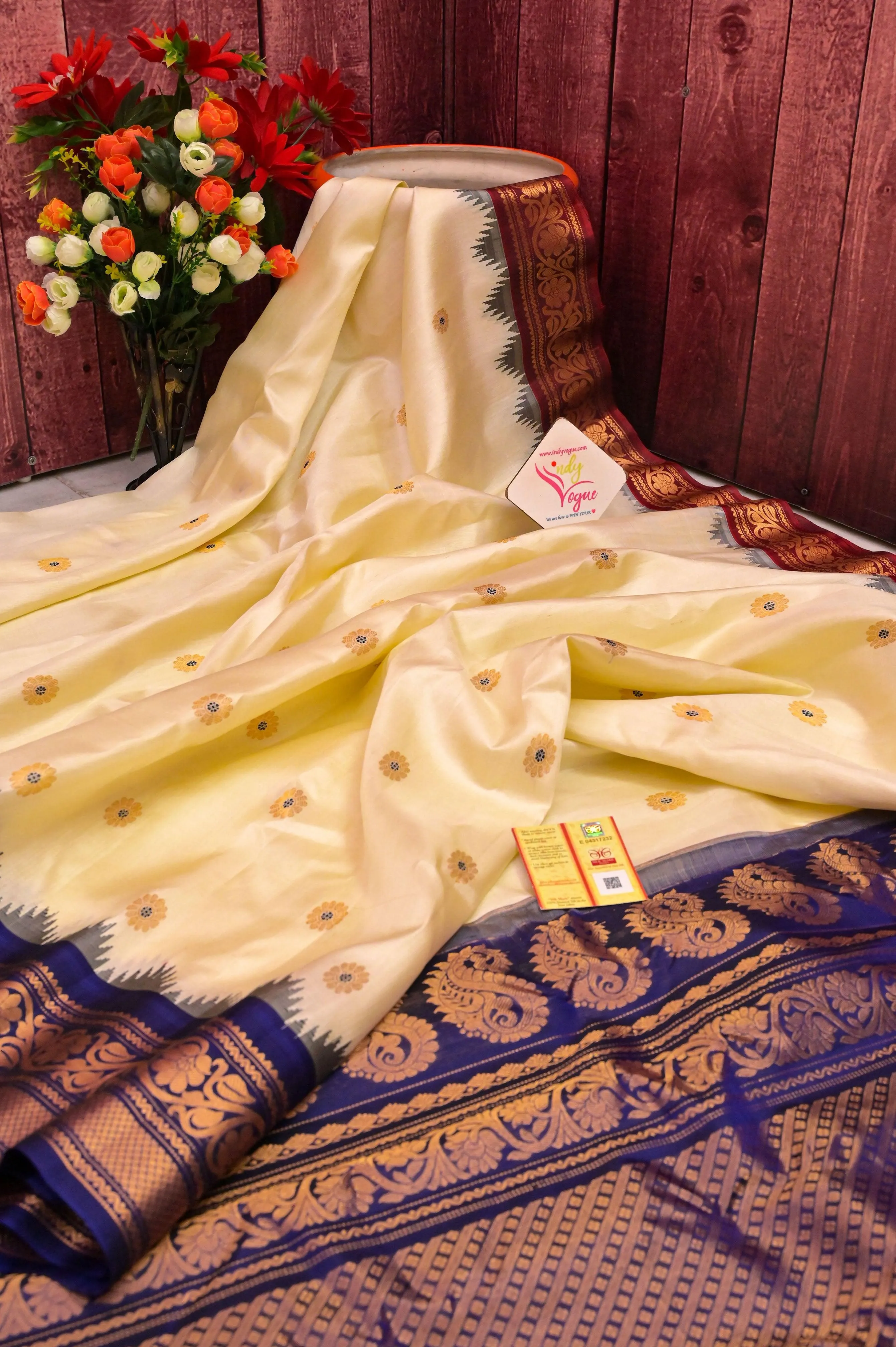 Cream Color Pure Gadwal Silk Saree with Meenakari Buti Work & Ganga Jamuna Border