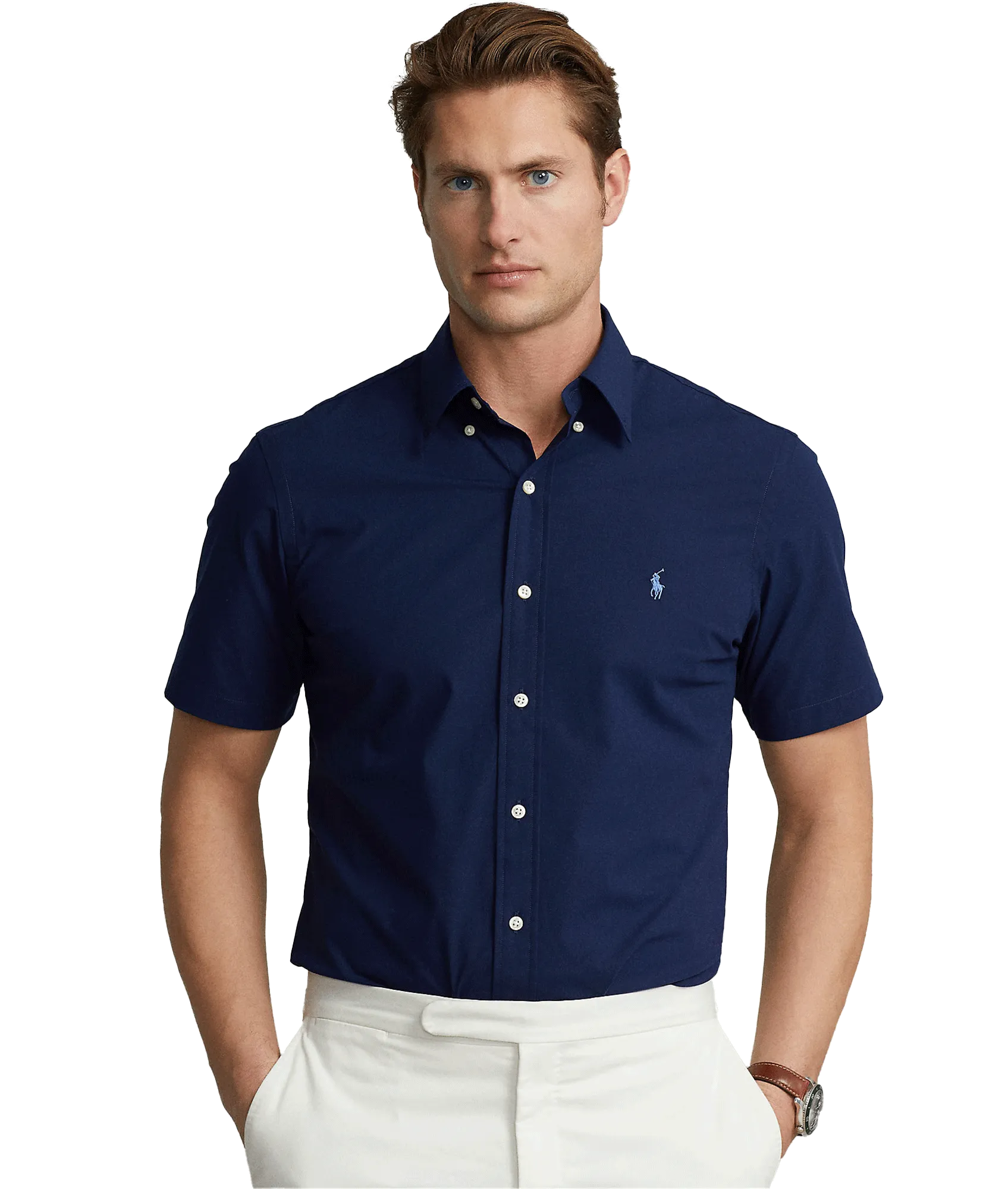 Custom Fit Stretch Poplin Shirt -Navy