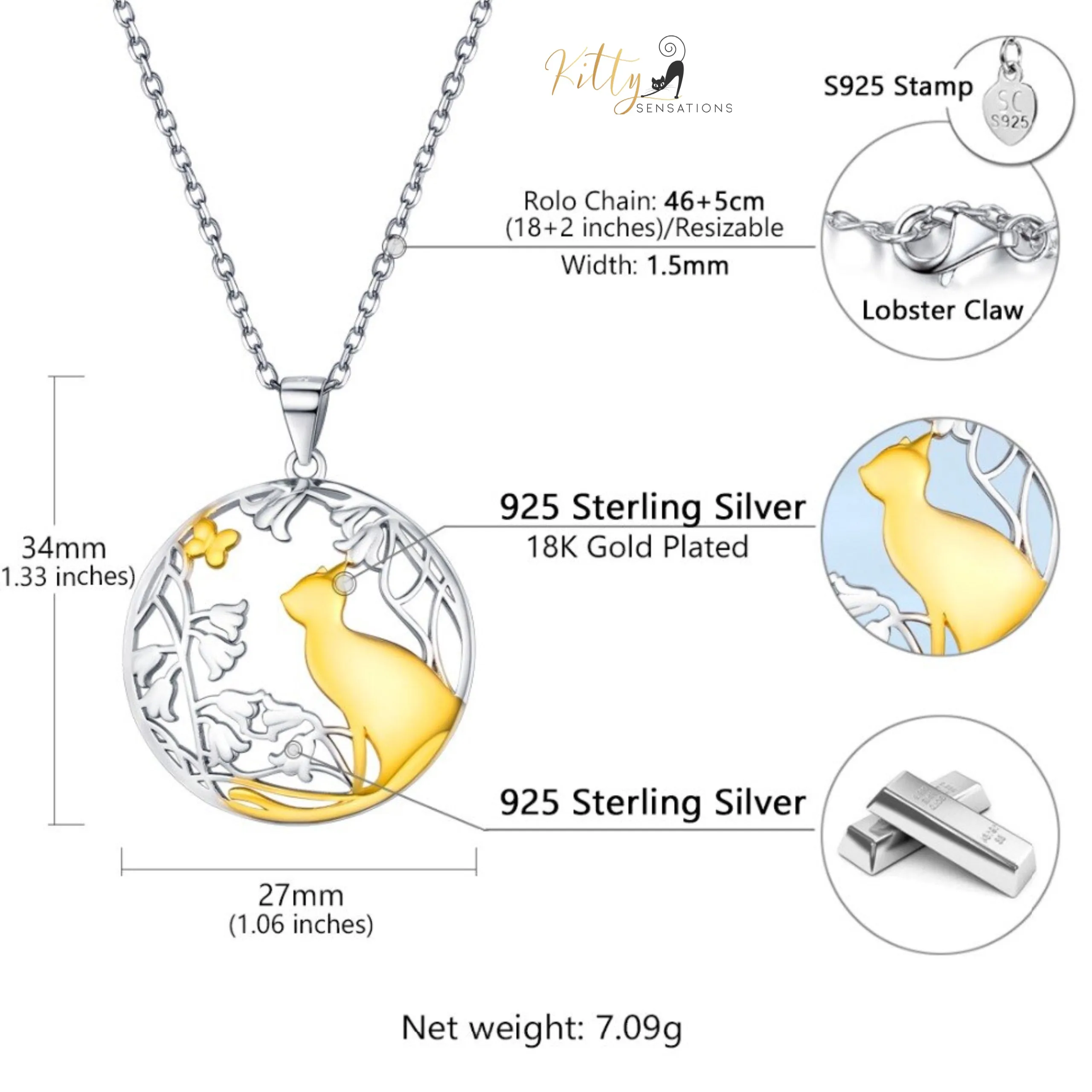 Daffodils, Butterfly, and Kitty Necklace in Solid 925 Sterling Silver (18K Gold Plated) - Adjustable Length