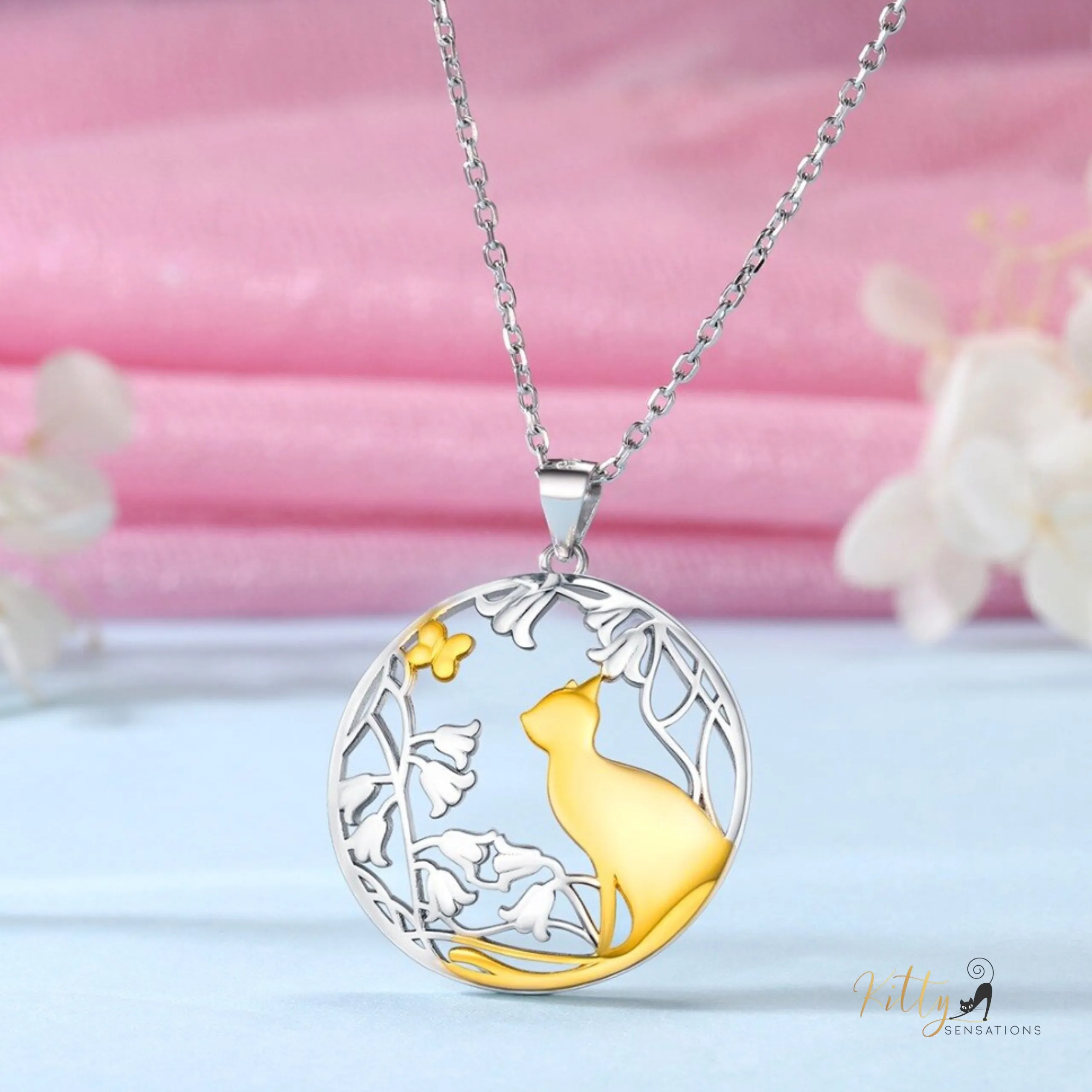 Daffodils, Butterfly, and Kitty Necklace in Solid 925 Sterling Silver (18K Gold Plated) - Adjustable Length