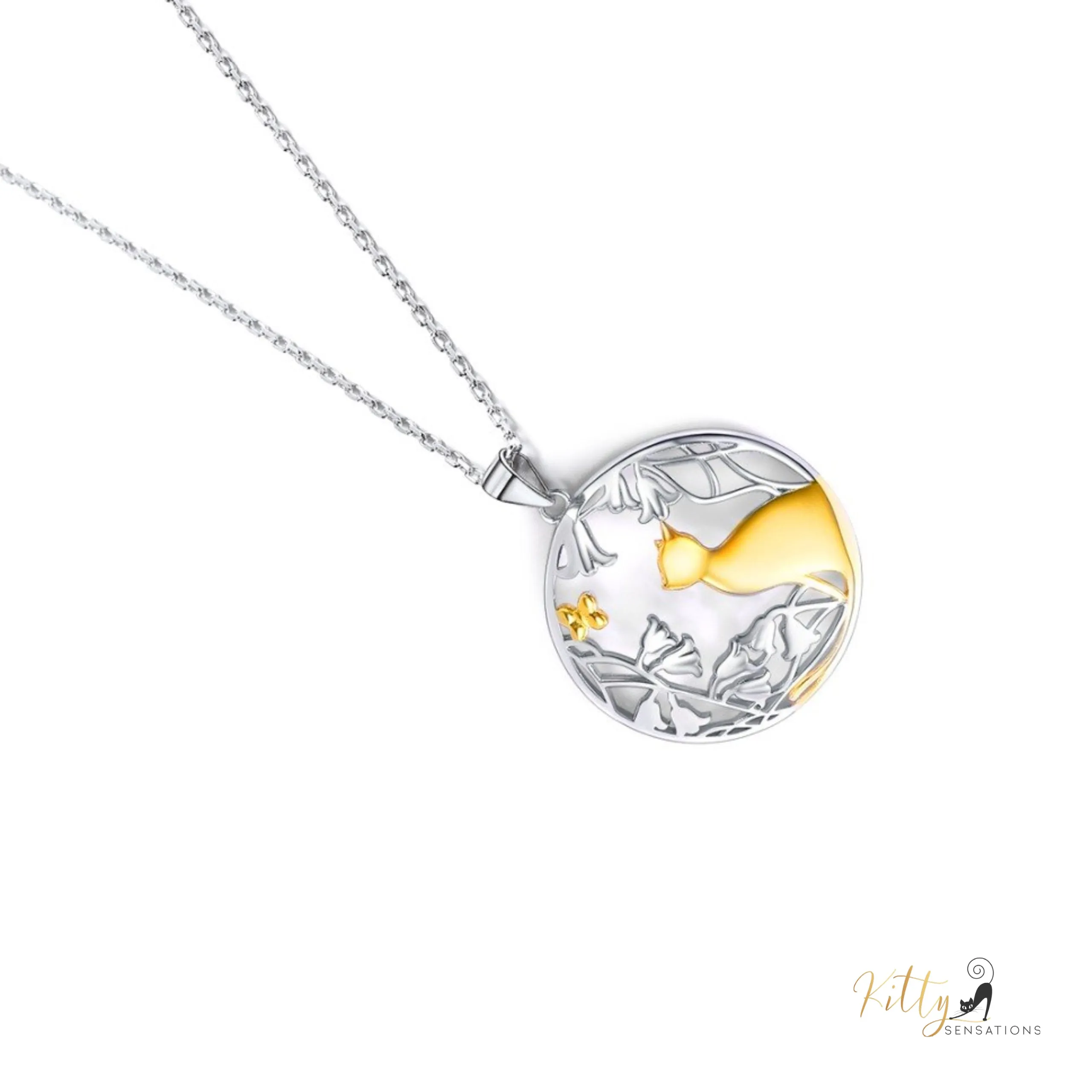 Daffodils, Butterfly, and Kitty Necklace in Solid 925 Sterling Silver (18K Gold Plated) - Adjustable Length