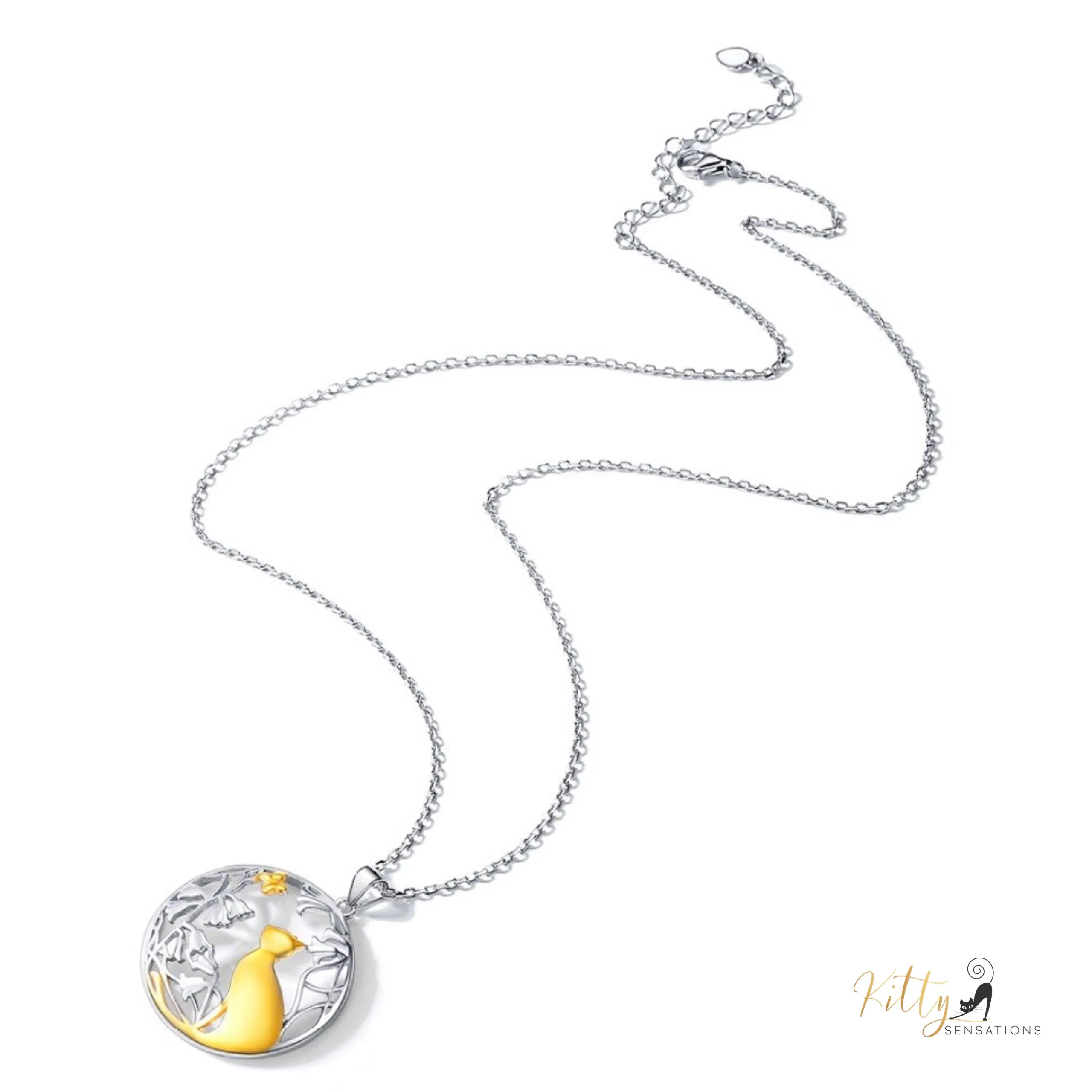 Daffodils, Butterfly, and Kitty Necklace in Solid 925 Sterling Silver (18K Gold Plated) - Adjustable Length