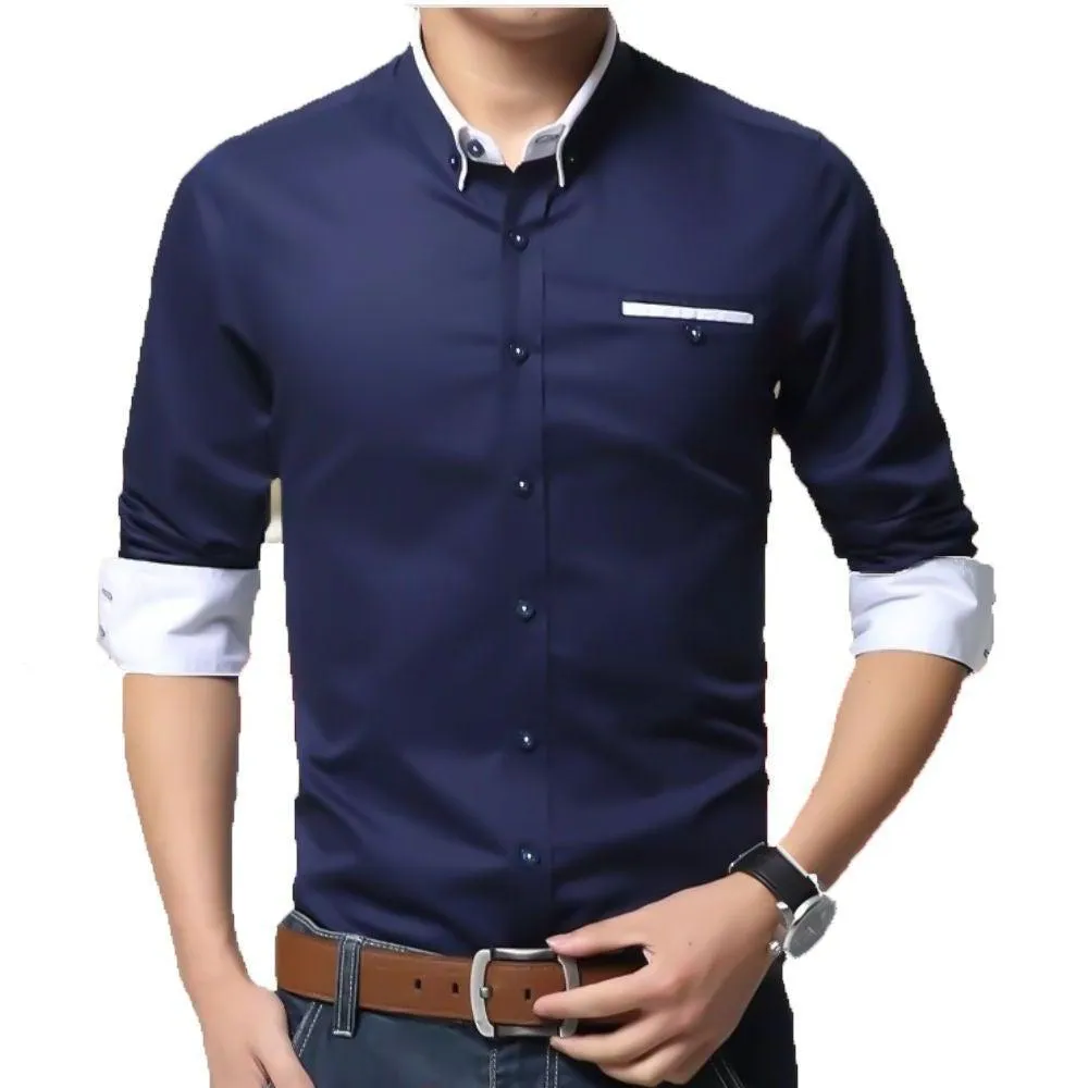 Designer Navy Blue  Cotton Button-Up Shirt For Men