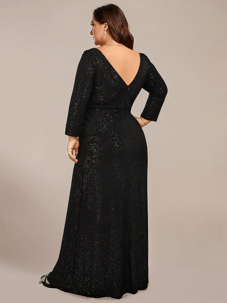 ExquisitePlus Size Split Floor Length V Neck Long Sleeves Evening Dress