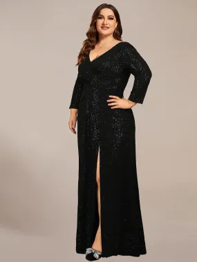 ExquisitePlus Size Split Floor Length V Neck Long Sleeves Evening Dress