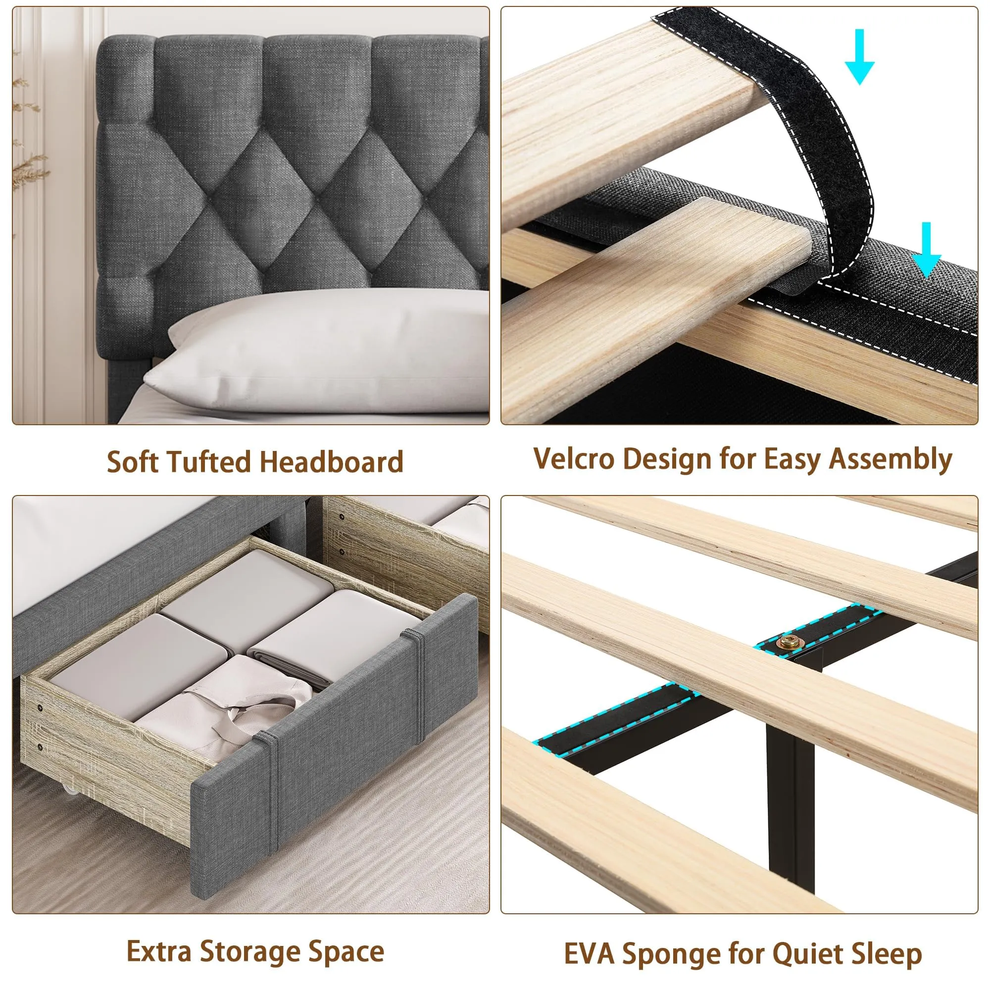 GARVEE Full Size Bed Frame with 2 Storage Drawers, Upholstered Platform Bed Frame with Adjustable Button Tufted Headboard, No Box Spring Needed, Mattress Foundation with Solid Wooden Slats Support