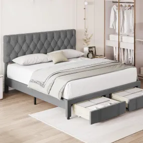 GARVEE Full Size Bed Frame with 2 Storage Drawers, Upholstered Platform Bed Frame with Adjustable Button Tufted Headboard, No Box Spring Needed, Mattress Foundation with Solid Wooden Slats Support