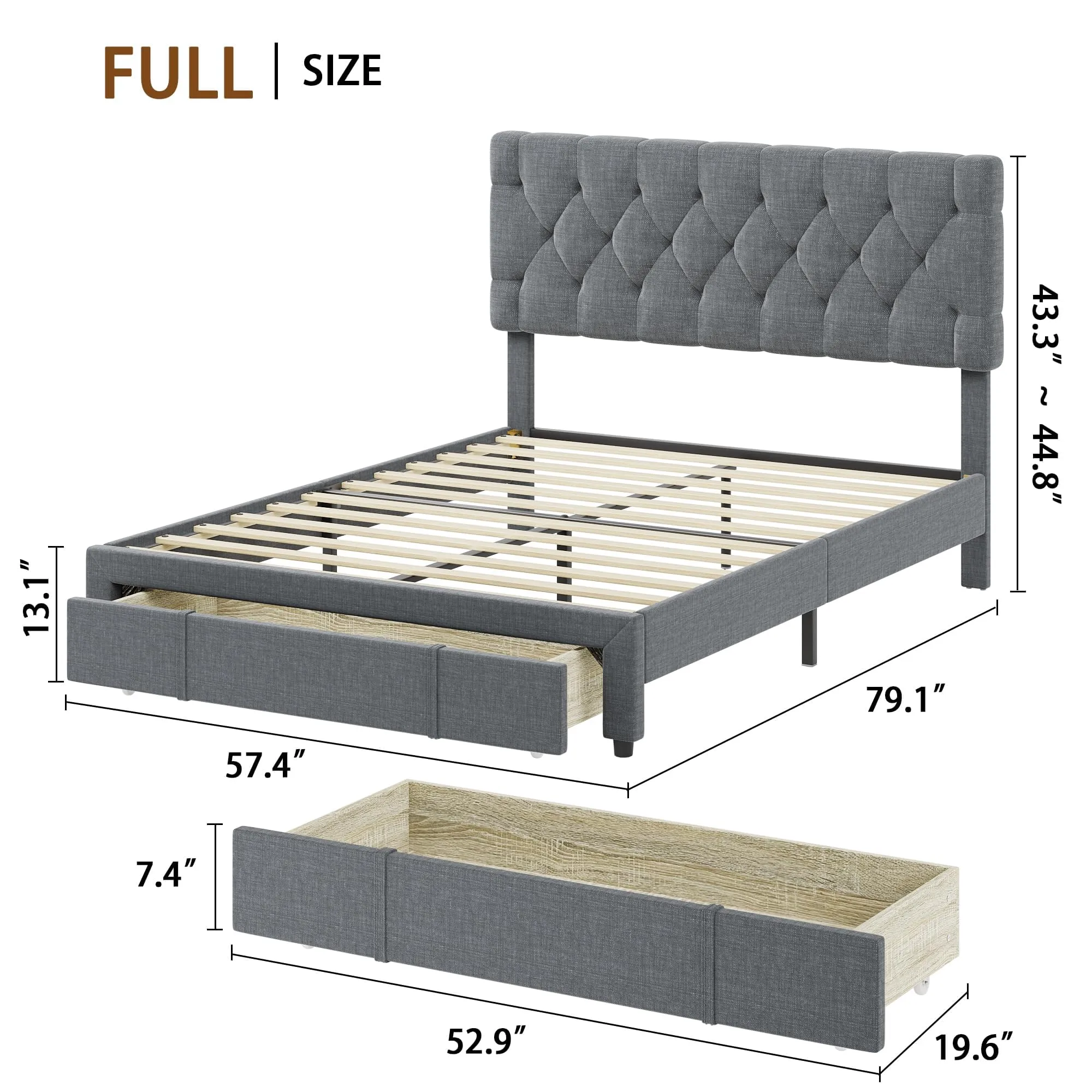 GARVEE Full Size Bed Frame with 2 Storage Drawers, Upholstered Platform Bed Frame with Adjustable Button Tufted Headboard, No Box Spring Needed, Mattress Foundation with Solid Wooden Slats Support