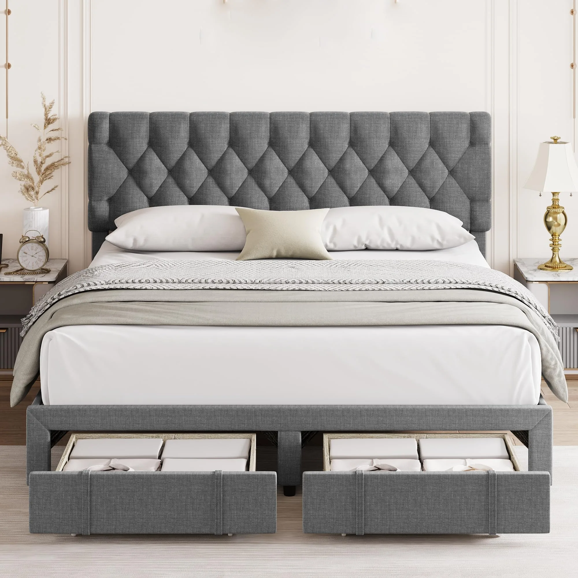 GARVEE Full Size Bed Frame with 2 Storage Drawers, Upholstered Platform Bed Frame with Adjustable Button Tufted Headboard, No Box Spring Needed, Mattress Foundation with Solid Wooden Slats Support