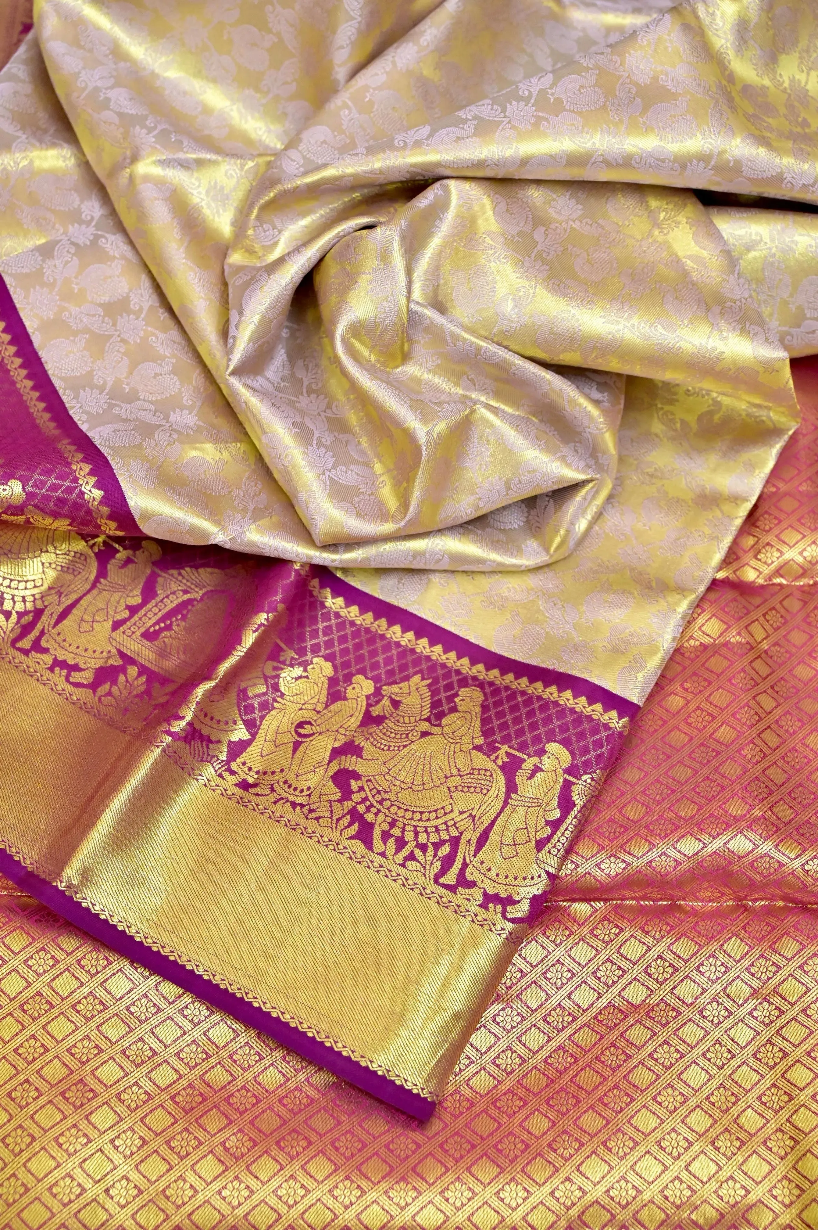 Golden and Purple Color Tissue Brocade Kanjeevaram Silk Saree with Self-Weaving