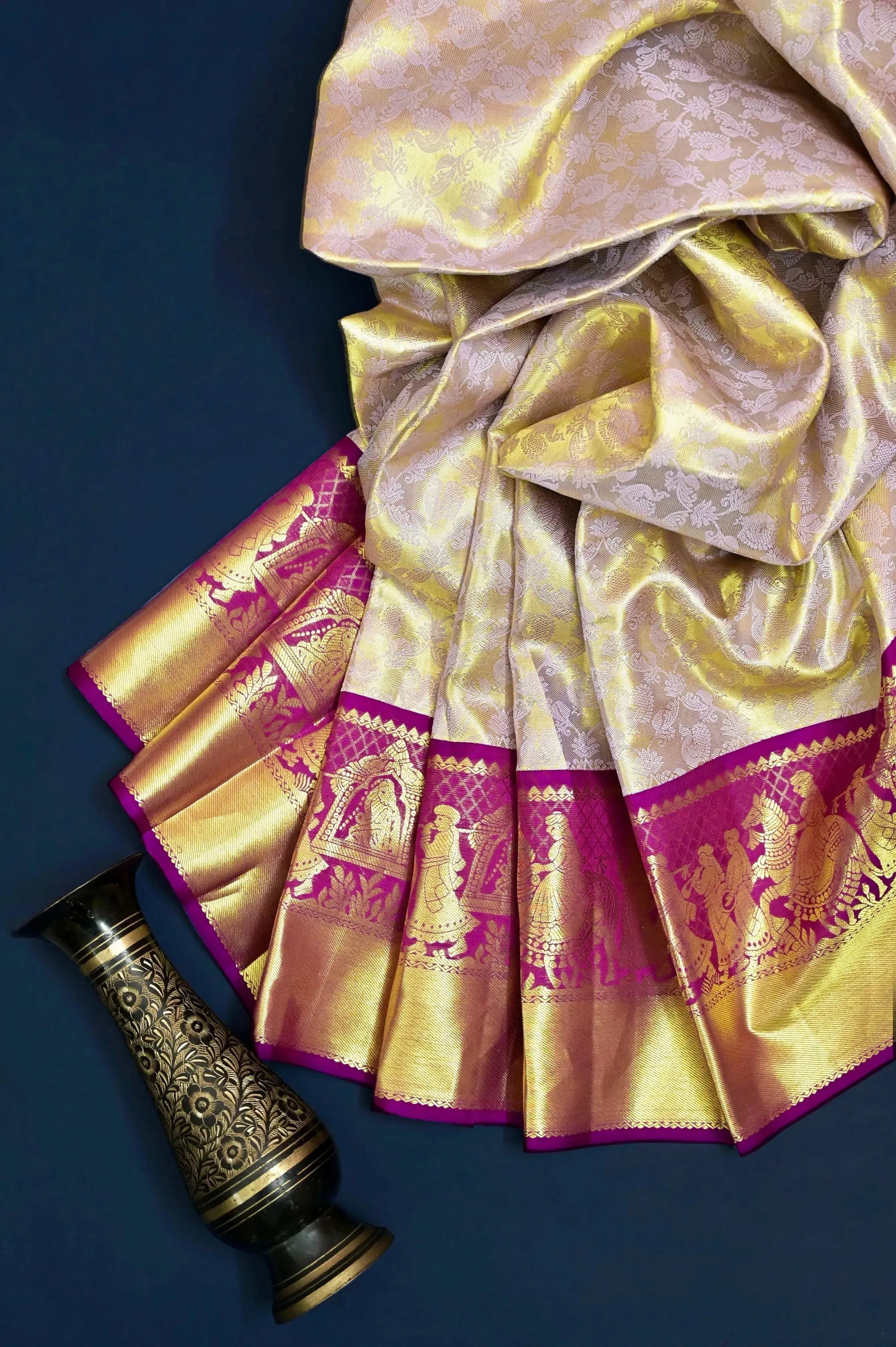 Golden and Purple Color Tissue Brocade Kanjeevaram Silk Saree with Self-Weaving