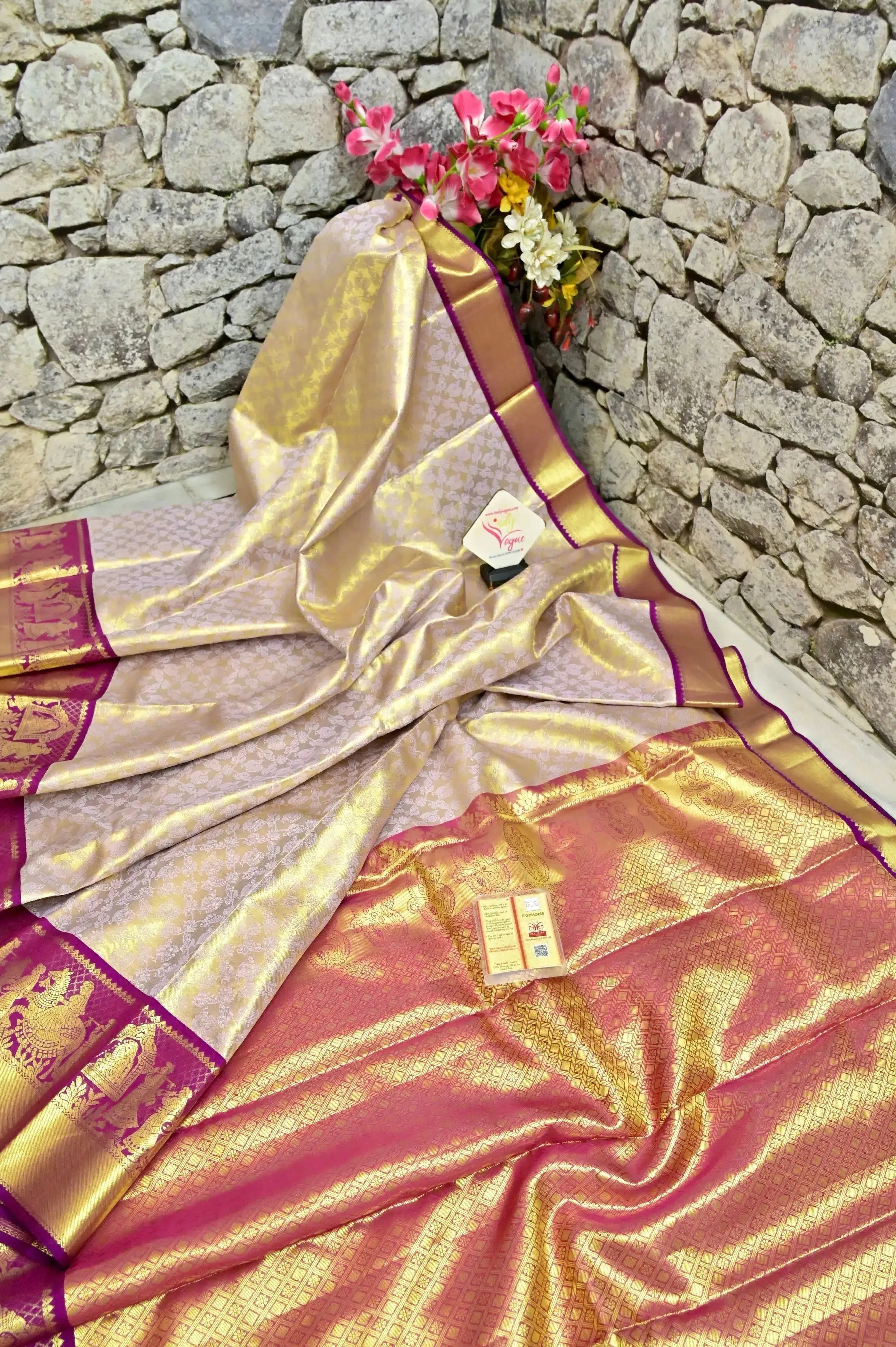 Golden and Purple Color Tissue Brocade Kanjeevaram Silk Saree with Self-Weaving