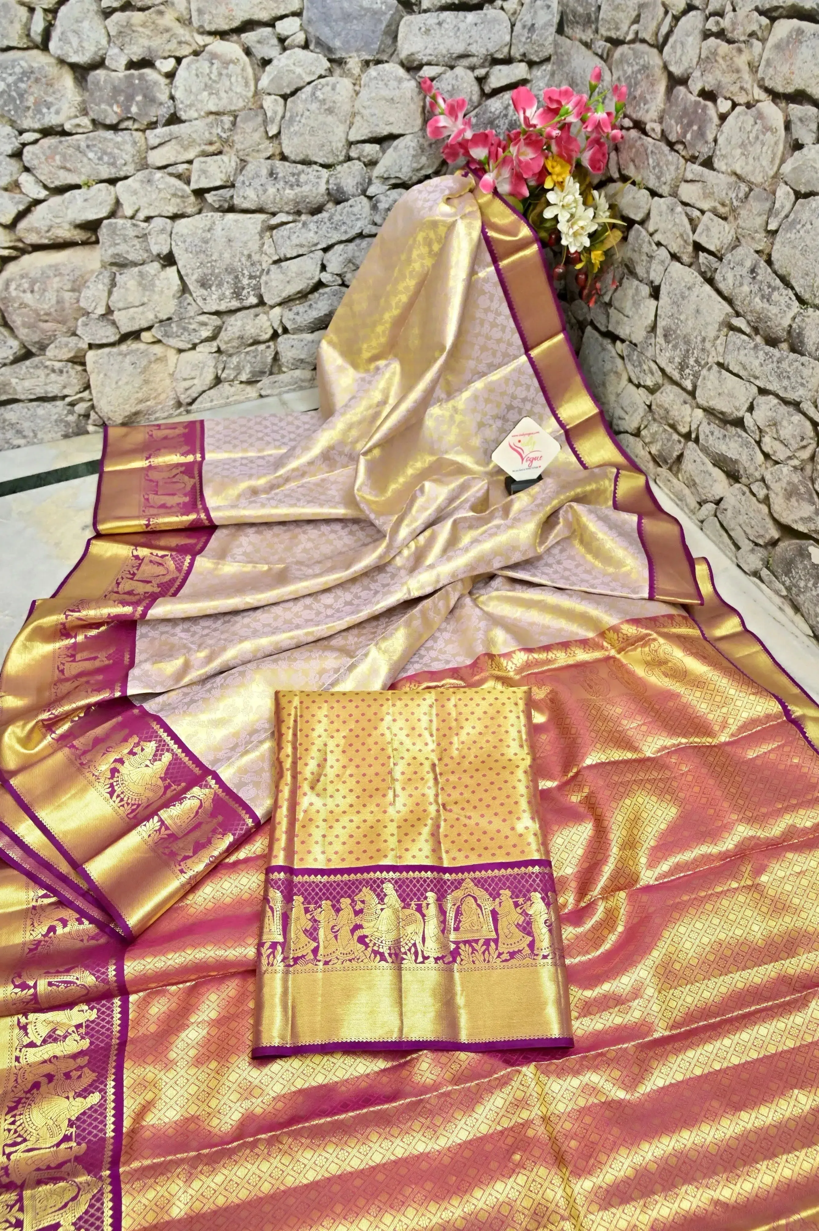 Golden and Purple Color Tissue Brocade Kanjeevaram Silk Saree with Self-Weaving