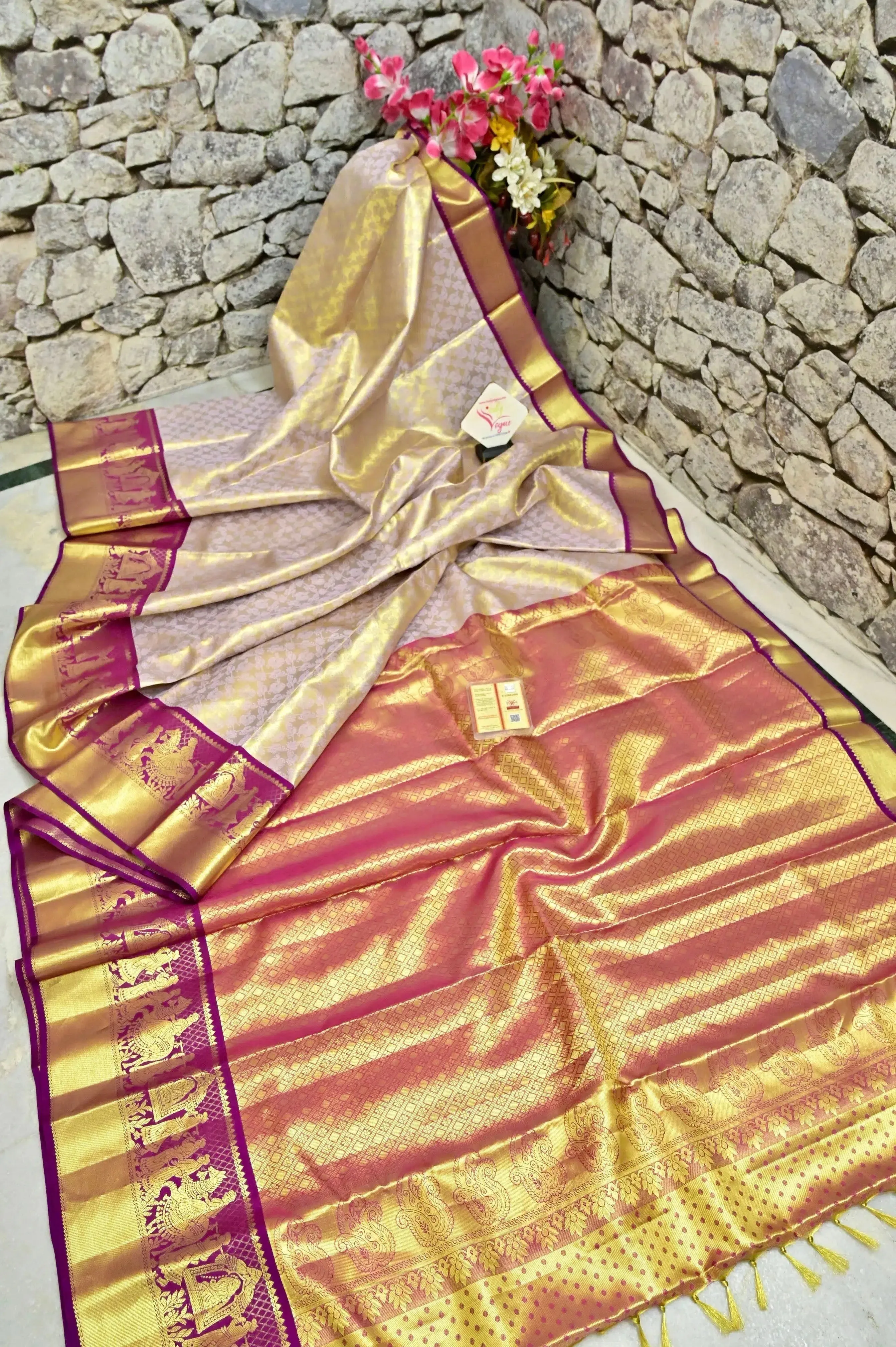 Golden and Purple Color Tissue Brocade Kanjeevaram Silk Saree with Self-Weaving