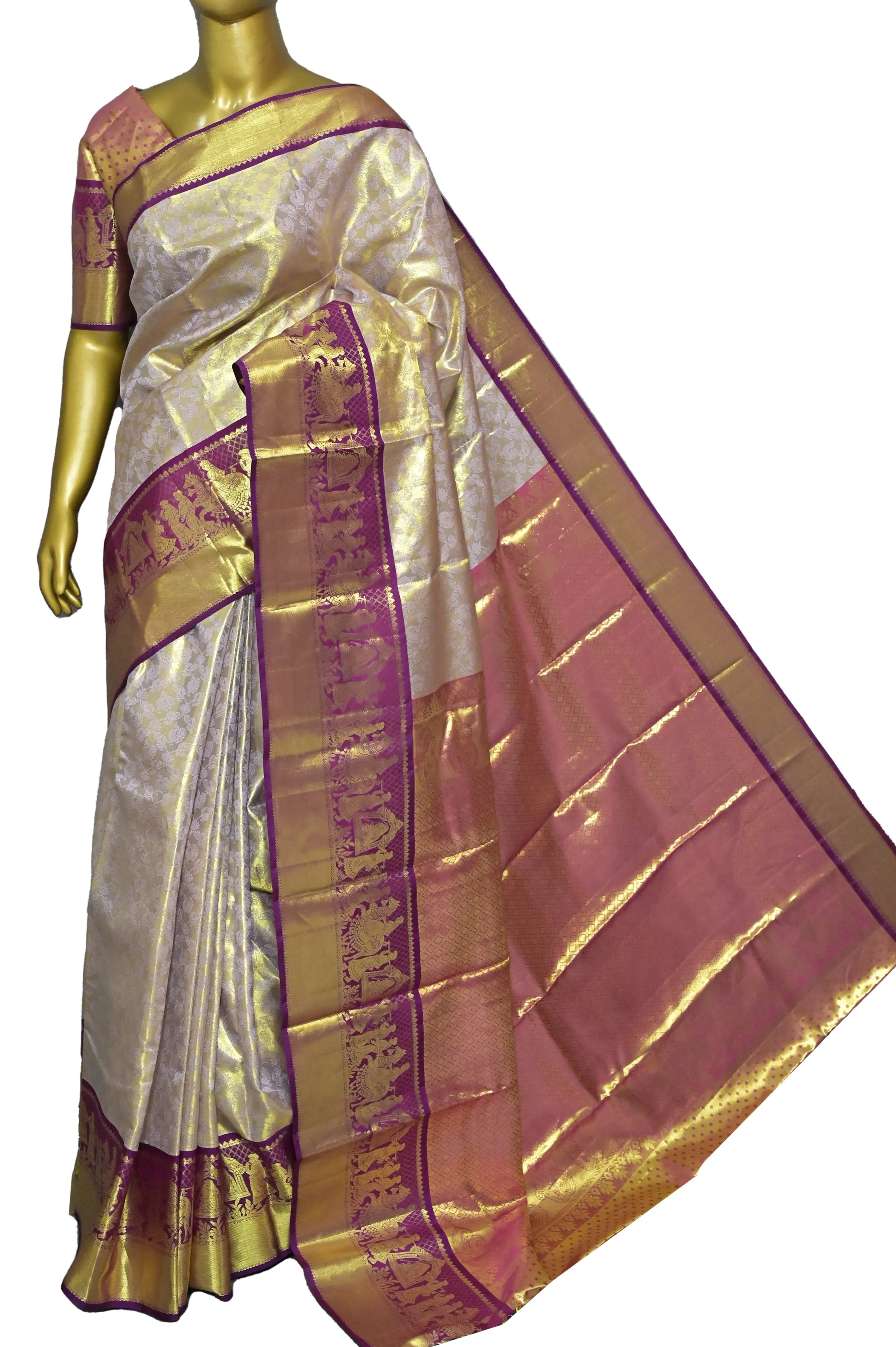 Golden and Purple Color Tissue Brocade Kanjeevaram Silk Saree with Self-Weaving