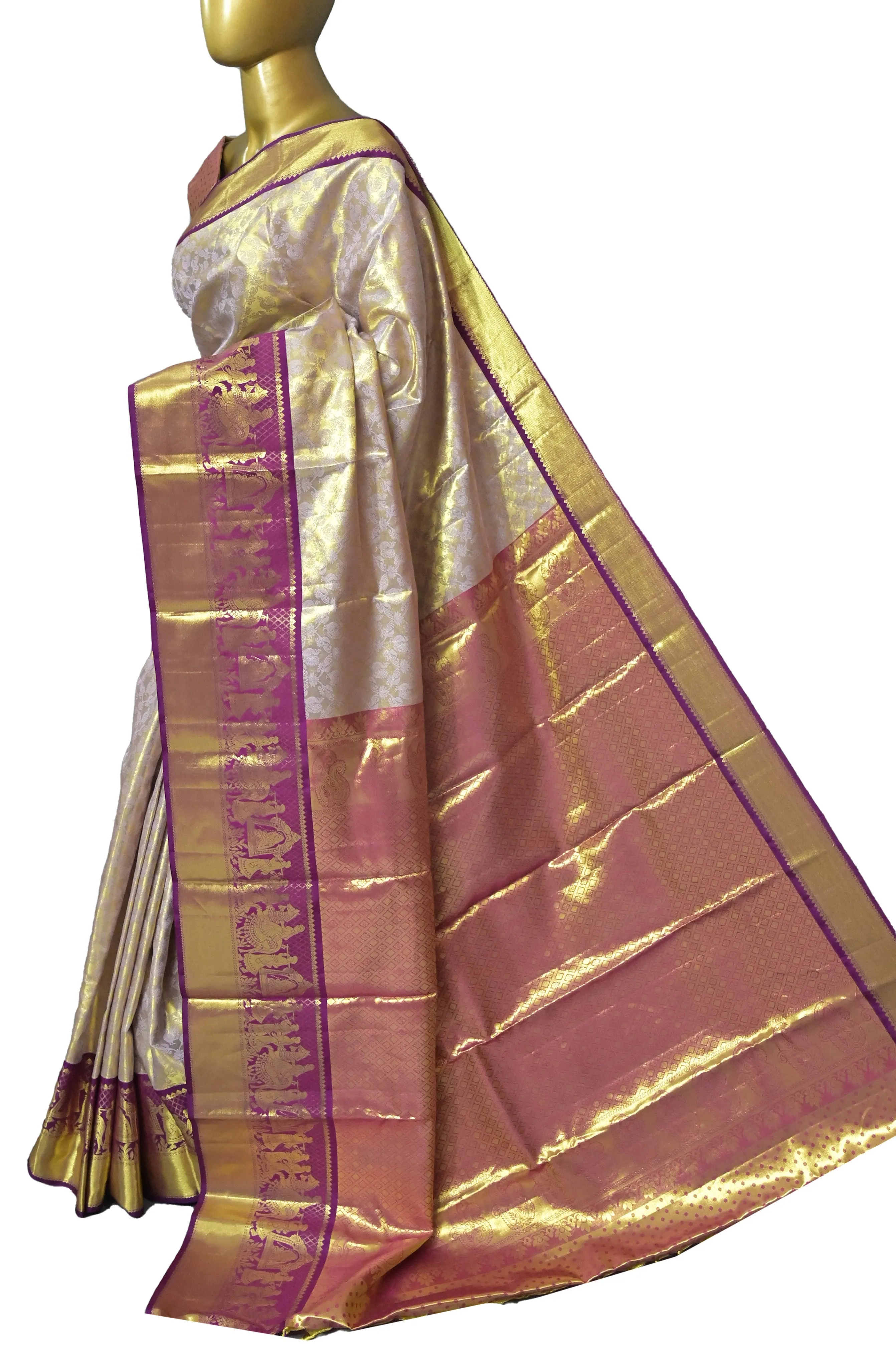 Golden and Purple Color Tissue Brocade Kanjeevaram Silk Saree with Self-Weaving