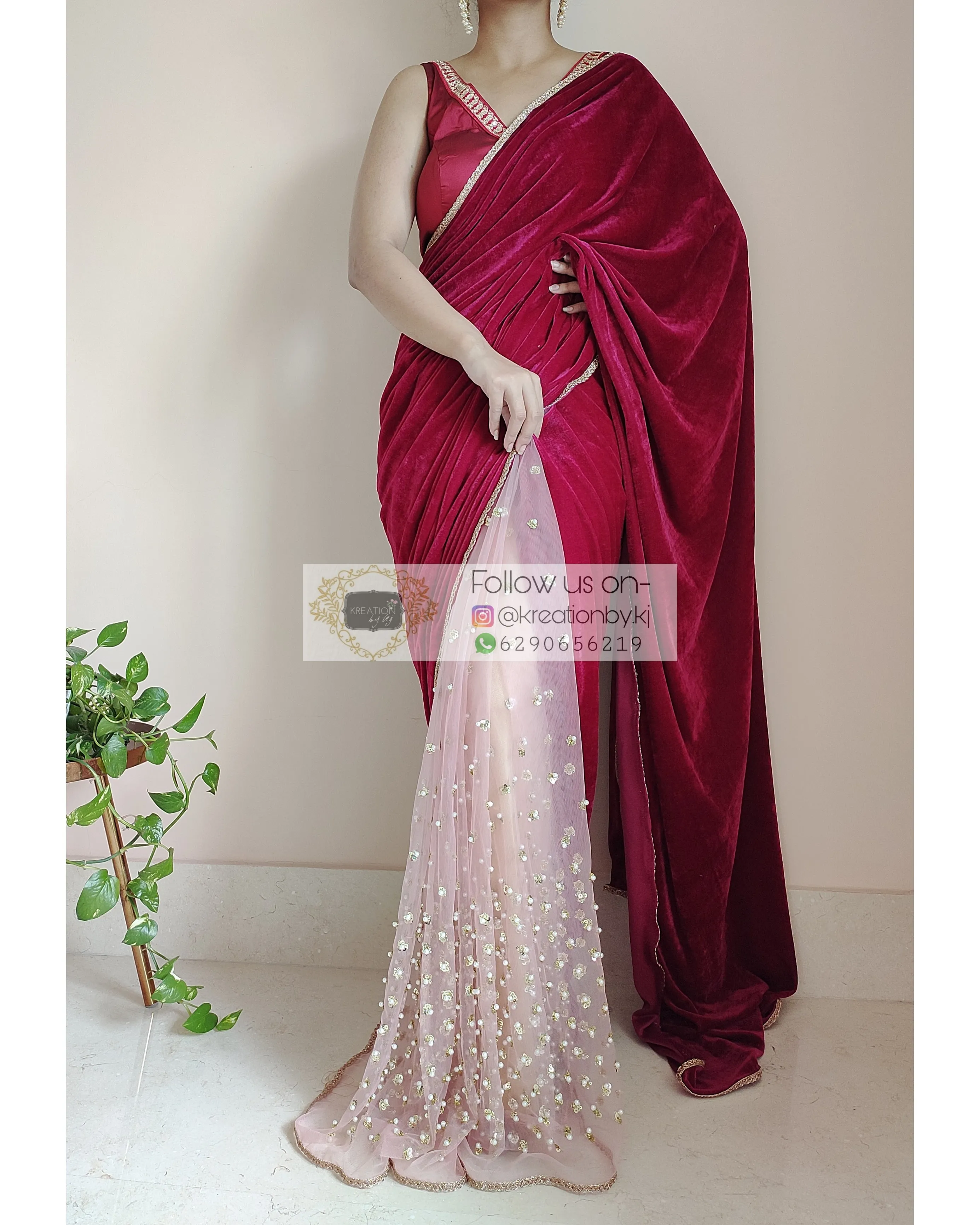 Half Magenta Velvet And Net Embellished Saree